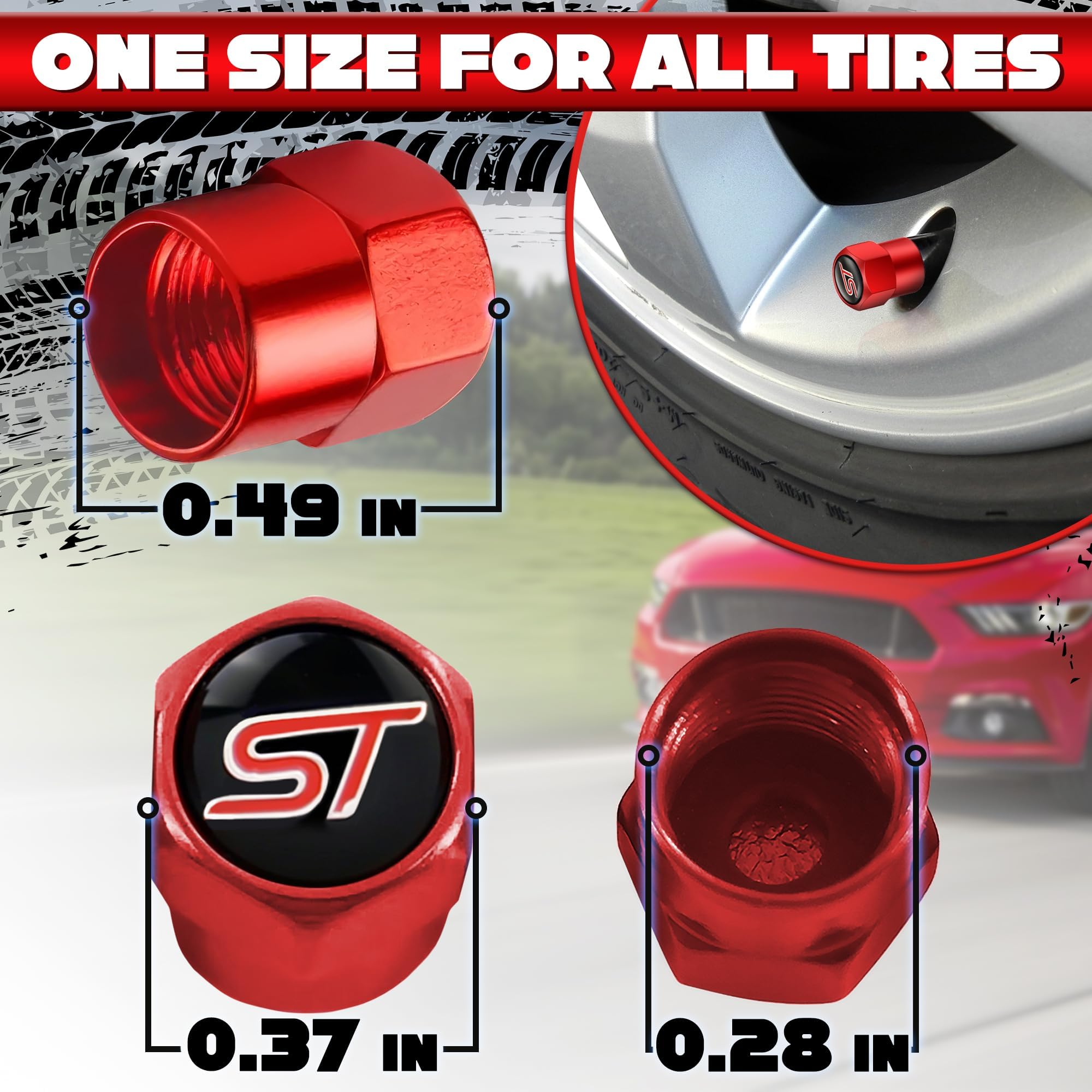 4Pcs St Logo Metal Tire Valve Stem Caps With Rubber O-Rings - Fits Ford St Models | Durable Metal Alloy, Corrosion-Resistant, Un