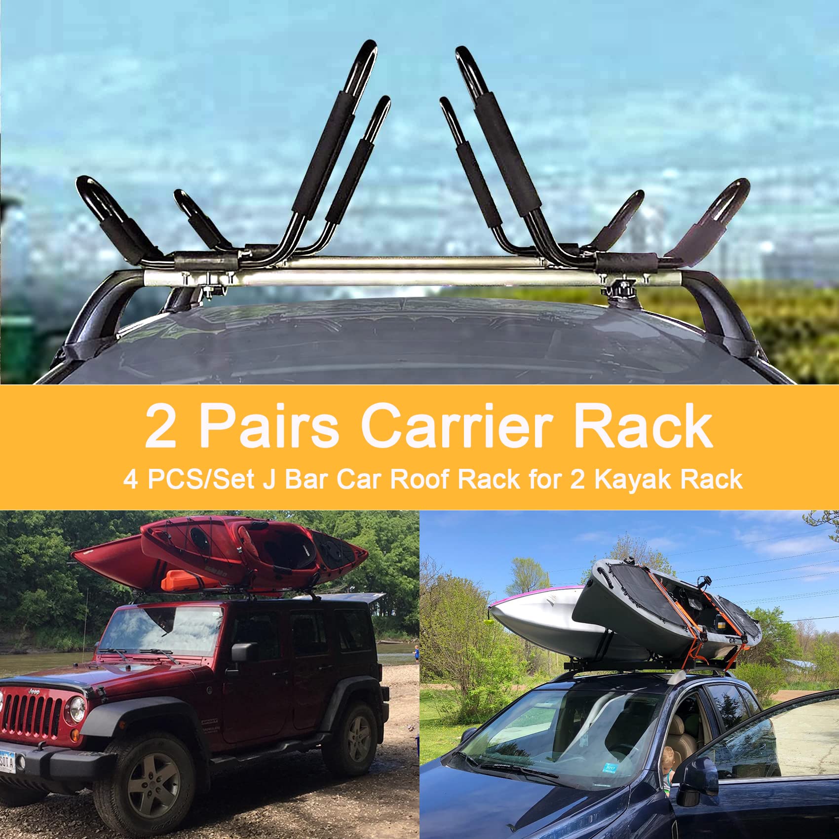 Piripara Kayak Roof Rack 2 Pairs J-Bar Carrier Holder For Canoe, Suv, Cars, Truck, Car Top Mount Racks For Trip, Set Of 4