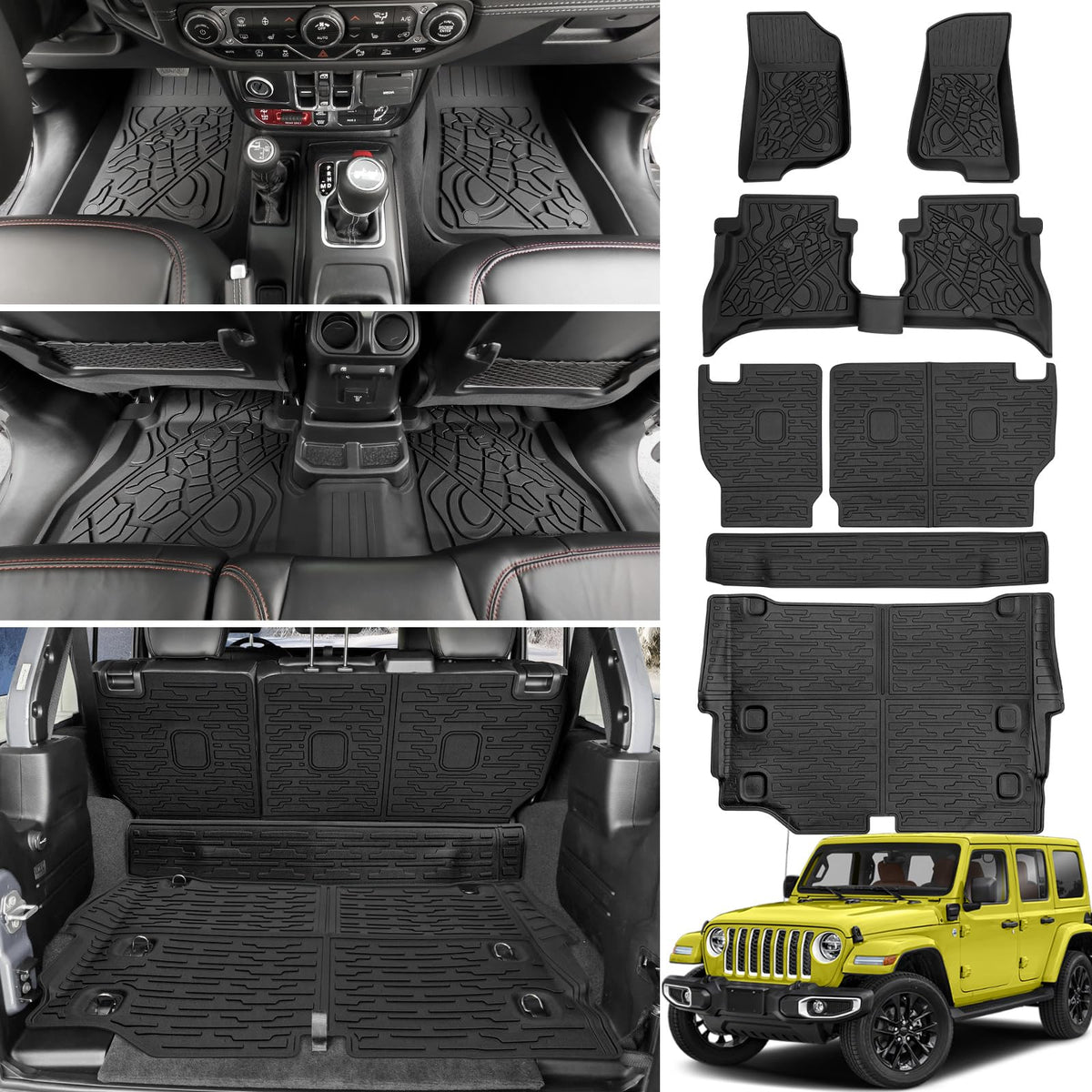JTYZSM Cargo Mats for 2021-2025 Jeep Wrangler JL 4XE Floor Liners with Trunk Mat Backrest Mat All Weather TPE Protector Rear Flo