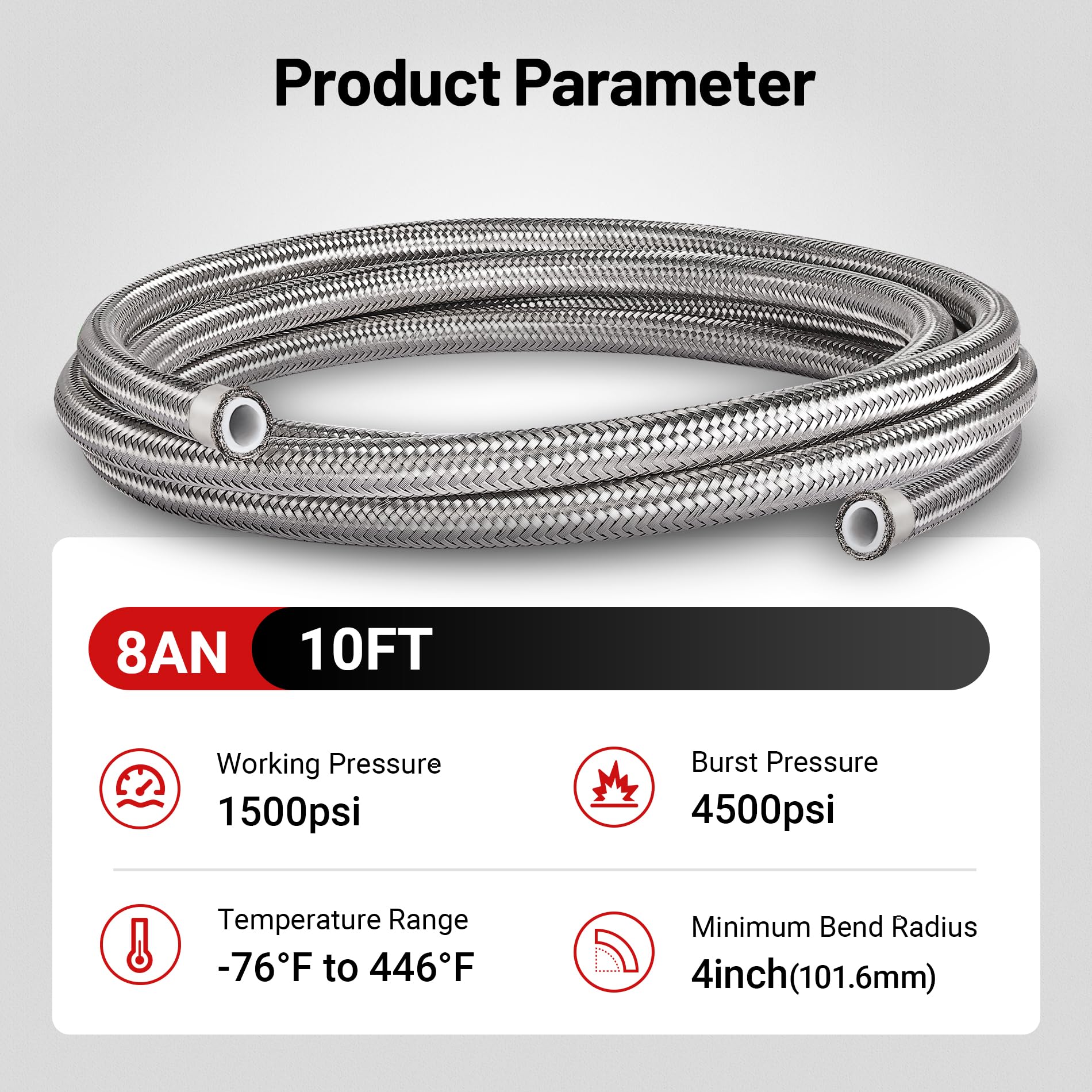 Evil Energy 8An Ptfe Fuel Hose Line, An8 Fuel Line E85 Stainless Steel Braided 10Ft Silver