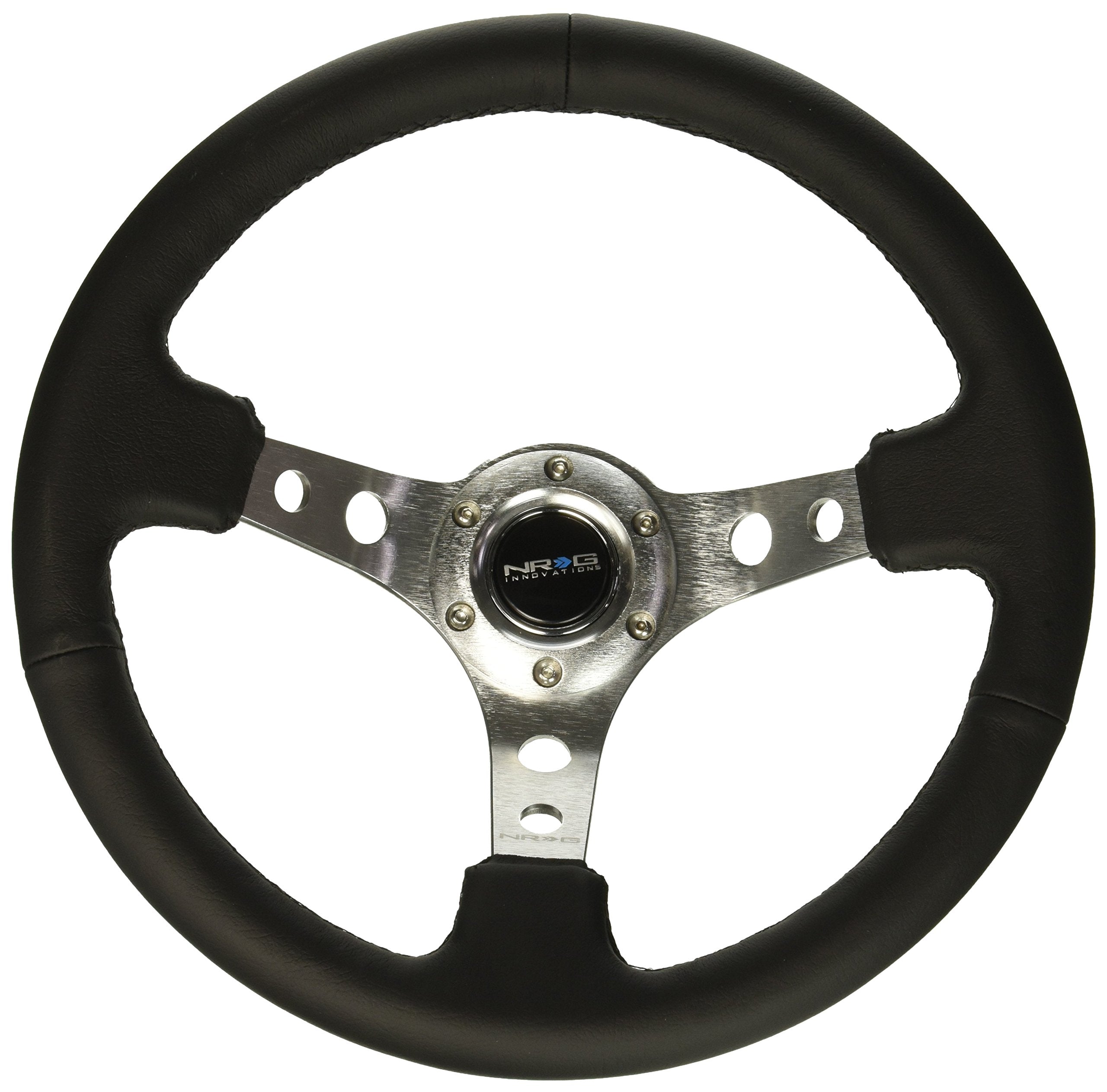 NRG Innovations NRG-RST-006SL Reinforced Steering Wheel 350mm Sport Steering Wheel (3&quot; Deep), Silver Spoke with Round Holes, Black Leather