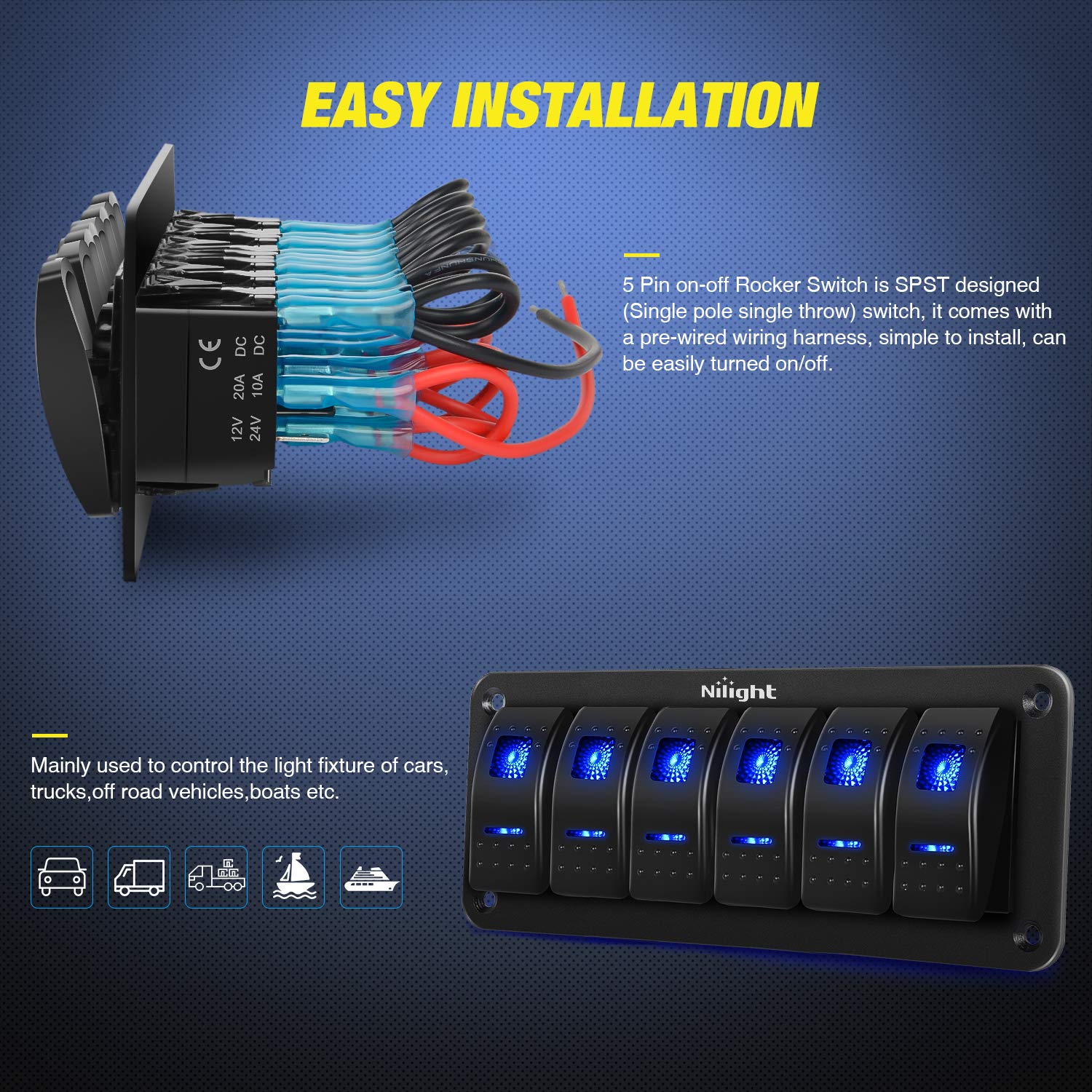 Nilight-90111F 6 Gang Aluminum Rocker Switch Panel Toggle Dash 5 Pin ON/Off Pre-Wired Rocker Switch Blue Backlit Switch for Auto