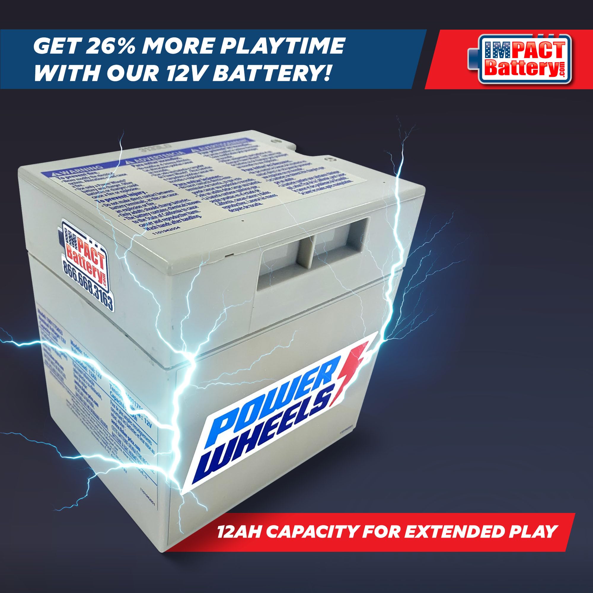 Impact Battery - 12-Volt Battery | Fits 12V Power Wheels Battery | Replacement Part 1001175653 00801-0638 00801-1869 | All Gray