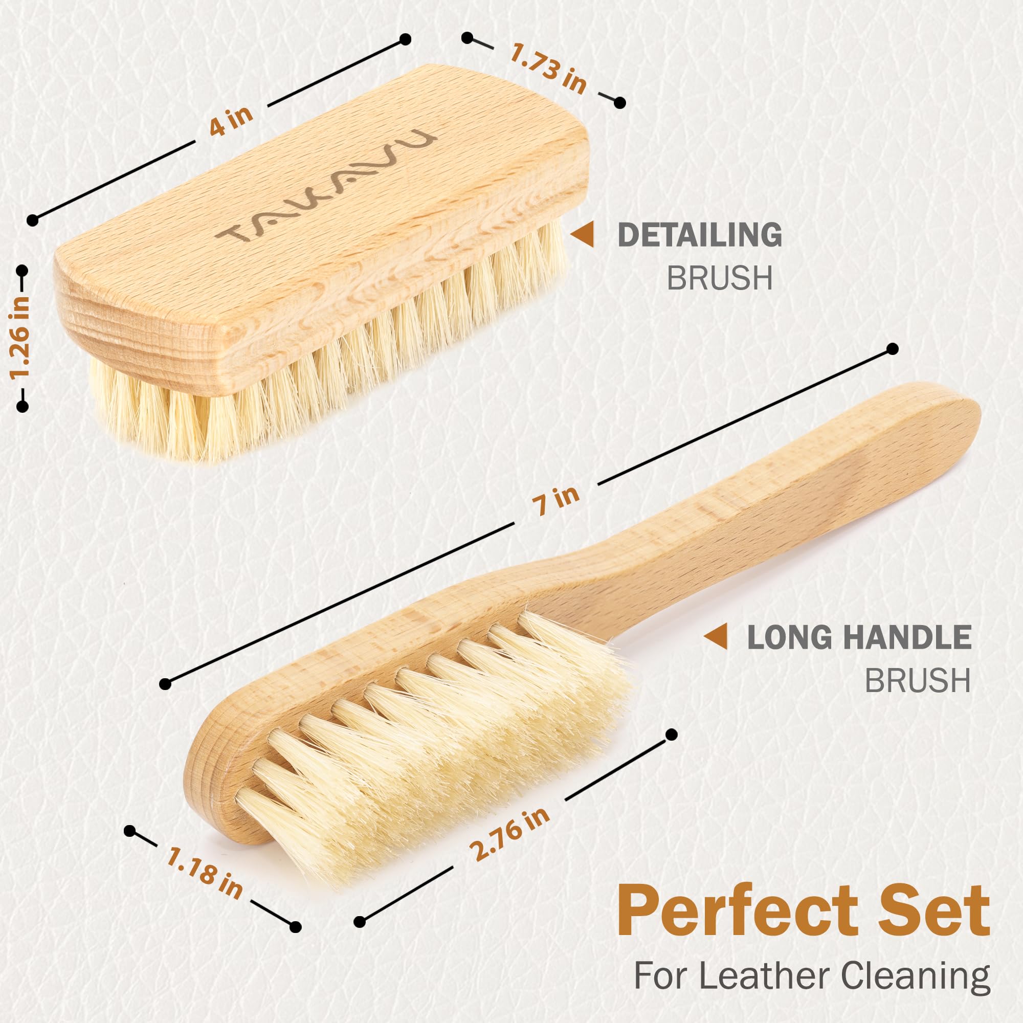 Takavu Leather & Upholstery Cleaning Brush Set, Pure White Boar Hair Bristle, To Clean Car Seats, Leather Sofas, For Alcantara,