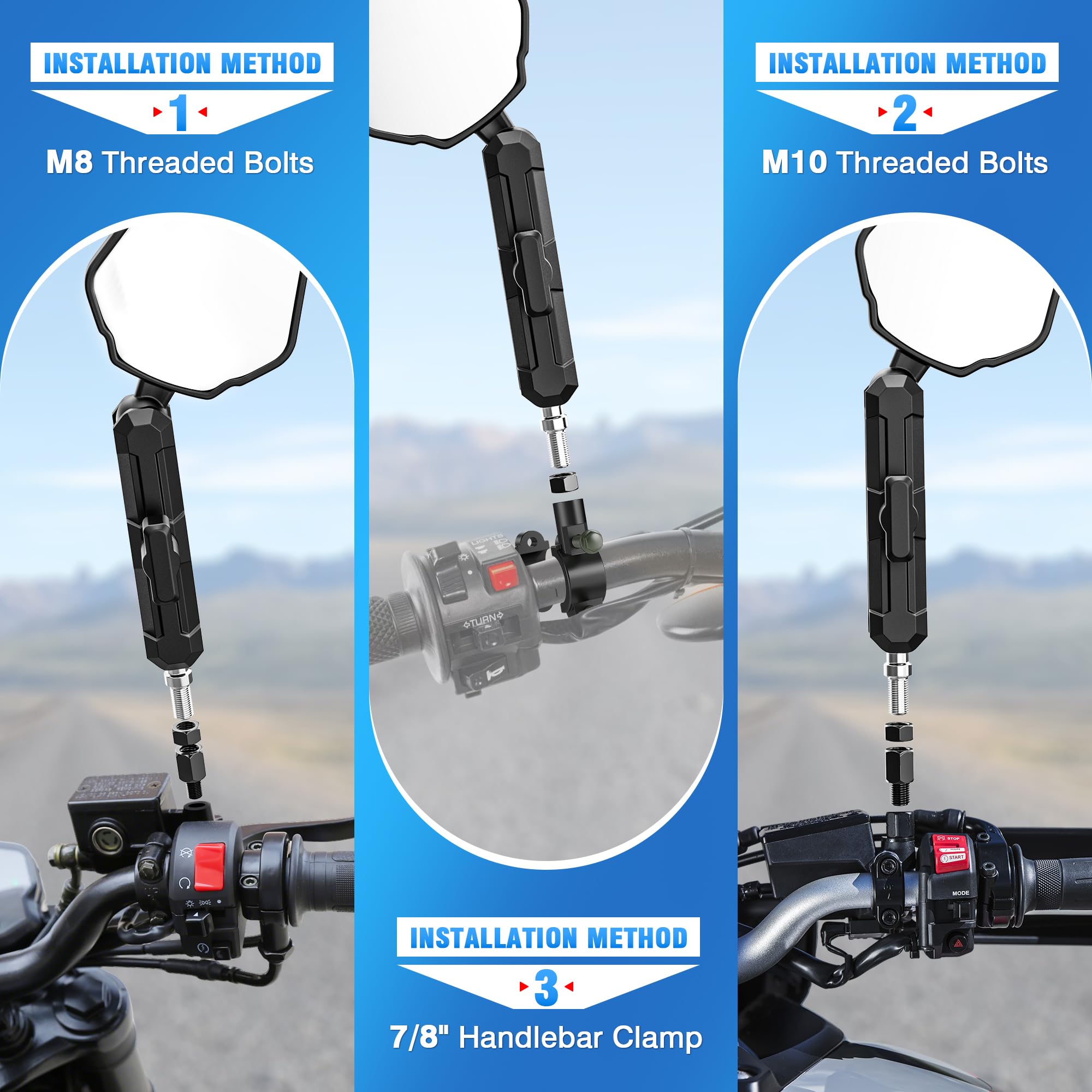 MICTUNING Adventure Motorcycle Mirrors, 360 Adjustable CNC Aluminum Alloy,Foldable 7/8 Handlebar M10 M8 Rear View Mirror Compa