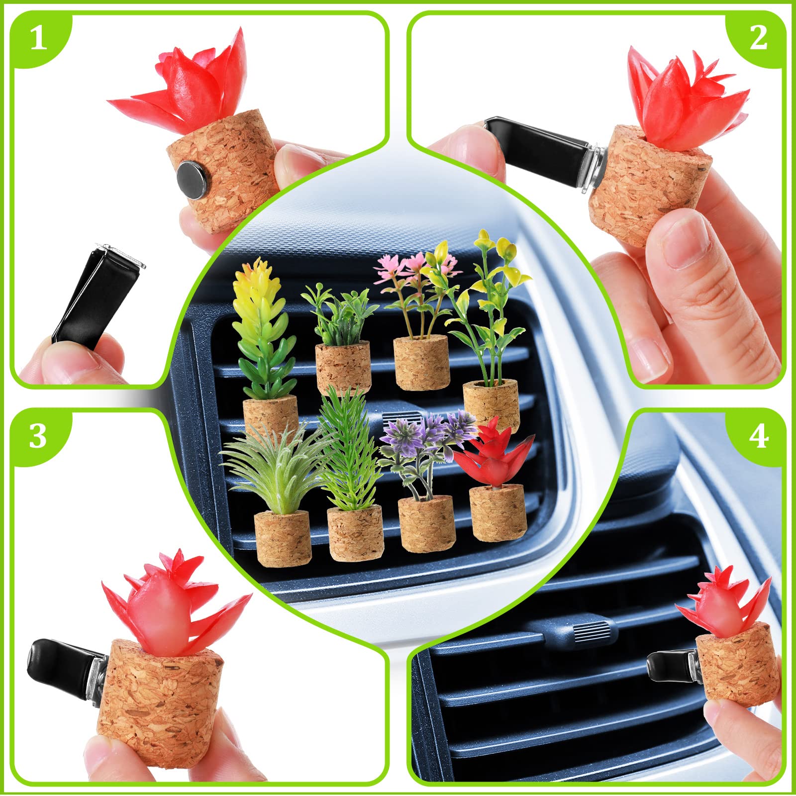 8 Pieces Artificial Plant Air Vent Clips Succulents With Essential Oil Mini Sprayer Car Plant Vent Decor Cute Plant Vent Clip Air Freshener For Car Air Vent Decorations Accessories (Classic Style)