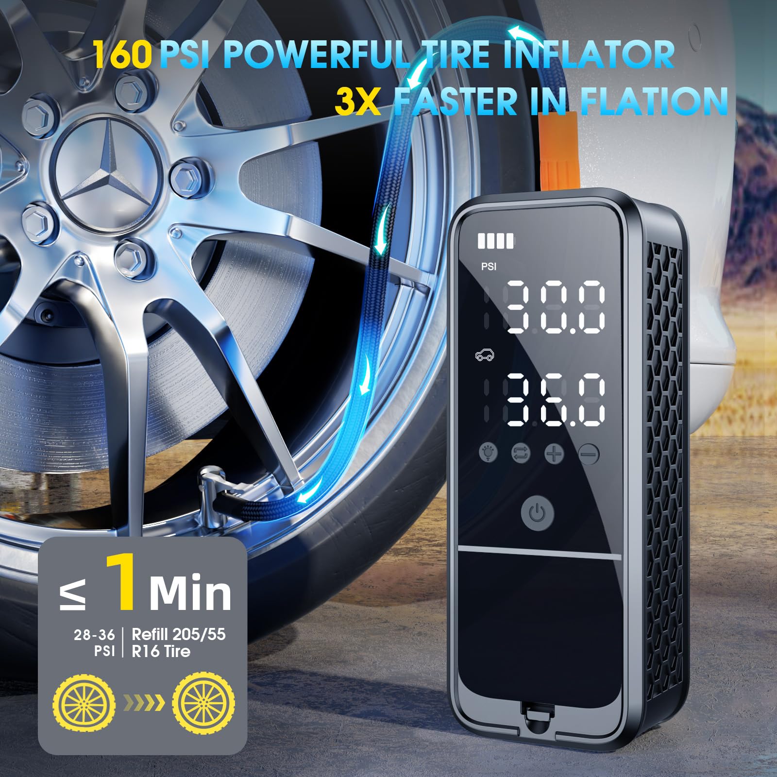 Kzkb Tire Inflator Portable Air Compressor, 160 Psi Air Pump For Car Tires With Digital Pressure Gauge, Electric Bike Pump With