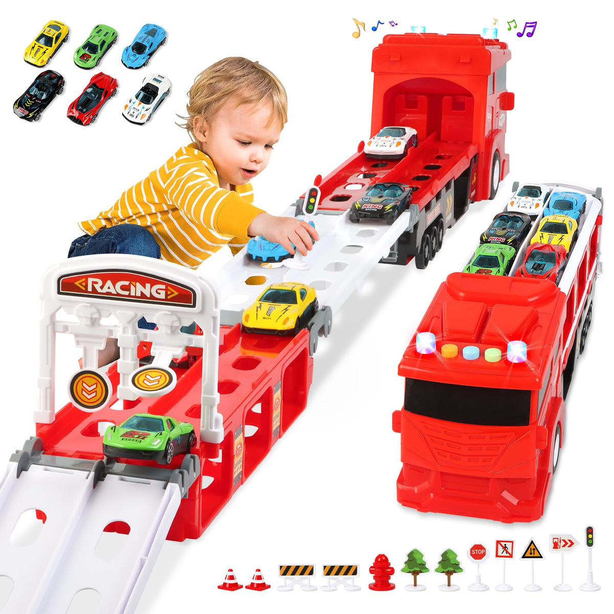 Itefdtutne Carrier Truck Race Car Track Set For Toddlers Toys, 4 Ft Race Track And 6 Die-Cast Toy Cars, Truck Toy With Lights & 