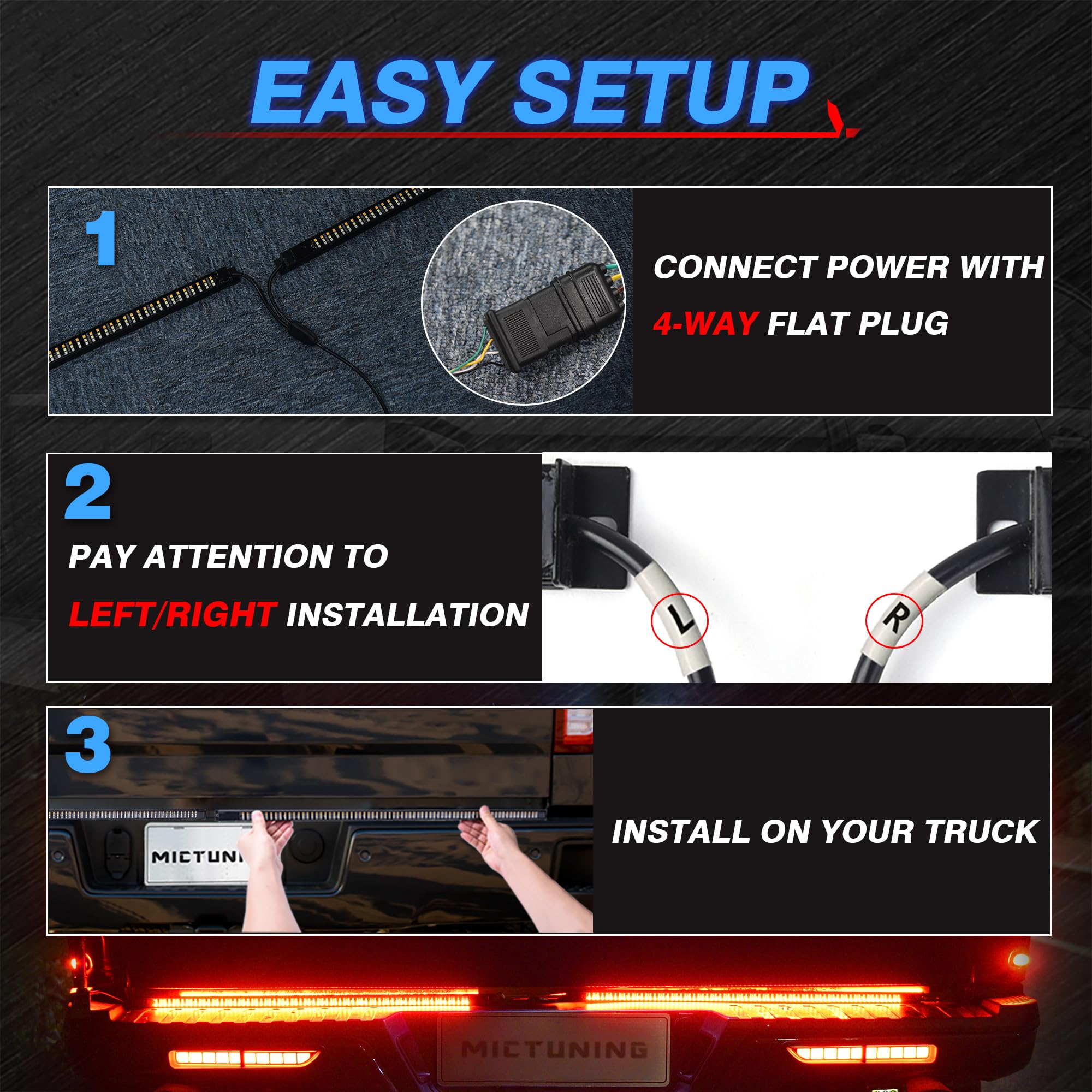 Mictuning Triple Tailgate Light Bar Waterproof Plug-And-Play Aluminum Frame With 4-Way Flat Connector - Amber Sequential Turn Si
