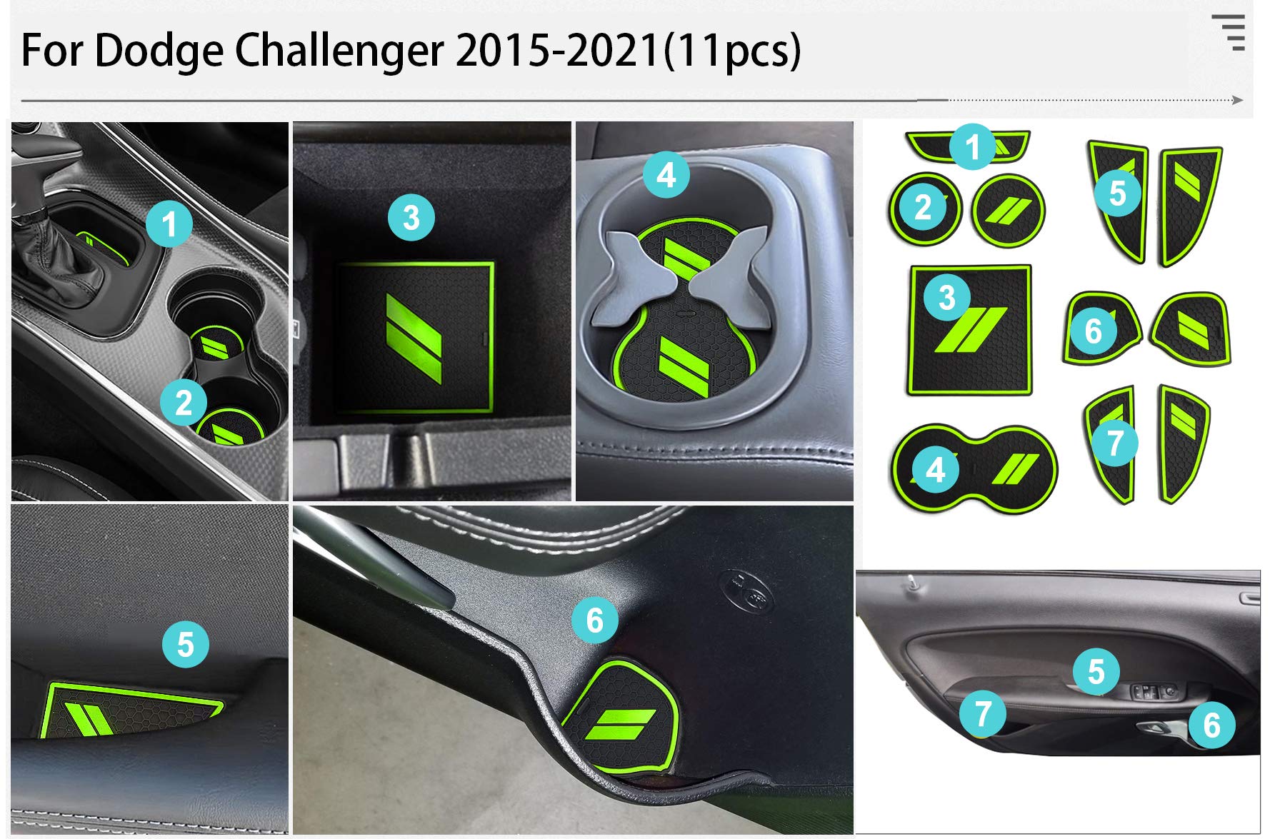 Auovo 11Pcs Anti-Dust Mats For Challenger Accessories 2015-2023 Custom Interior Cup Holder Inserts Door Pocket Center Console Liners For Challenger 2021 (Green)