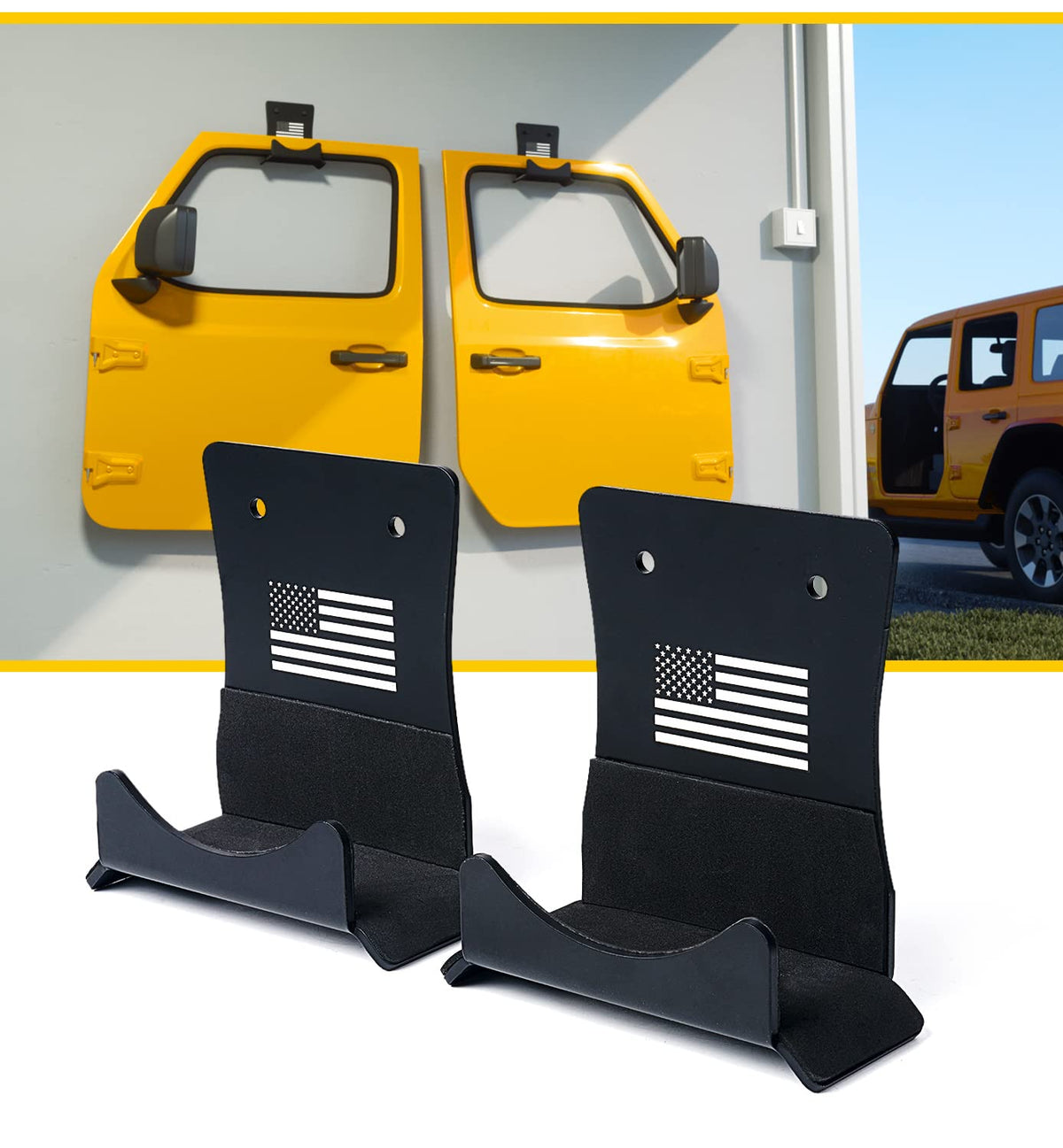 Lumenix Heavy Duty Door Hanger Bracket, Wall-Mounted Removable Window Channel Door Holder Storage Rack Compatible With 1956-2021 Jeep Wrangler Cj Yj Tj Jk Jku Jl Jlu Lj Jt(2Pack, Flag Pattern)