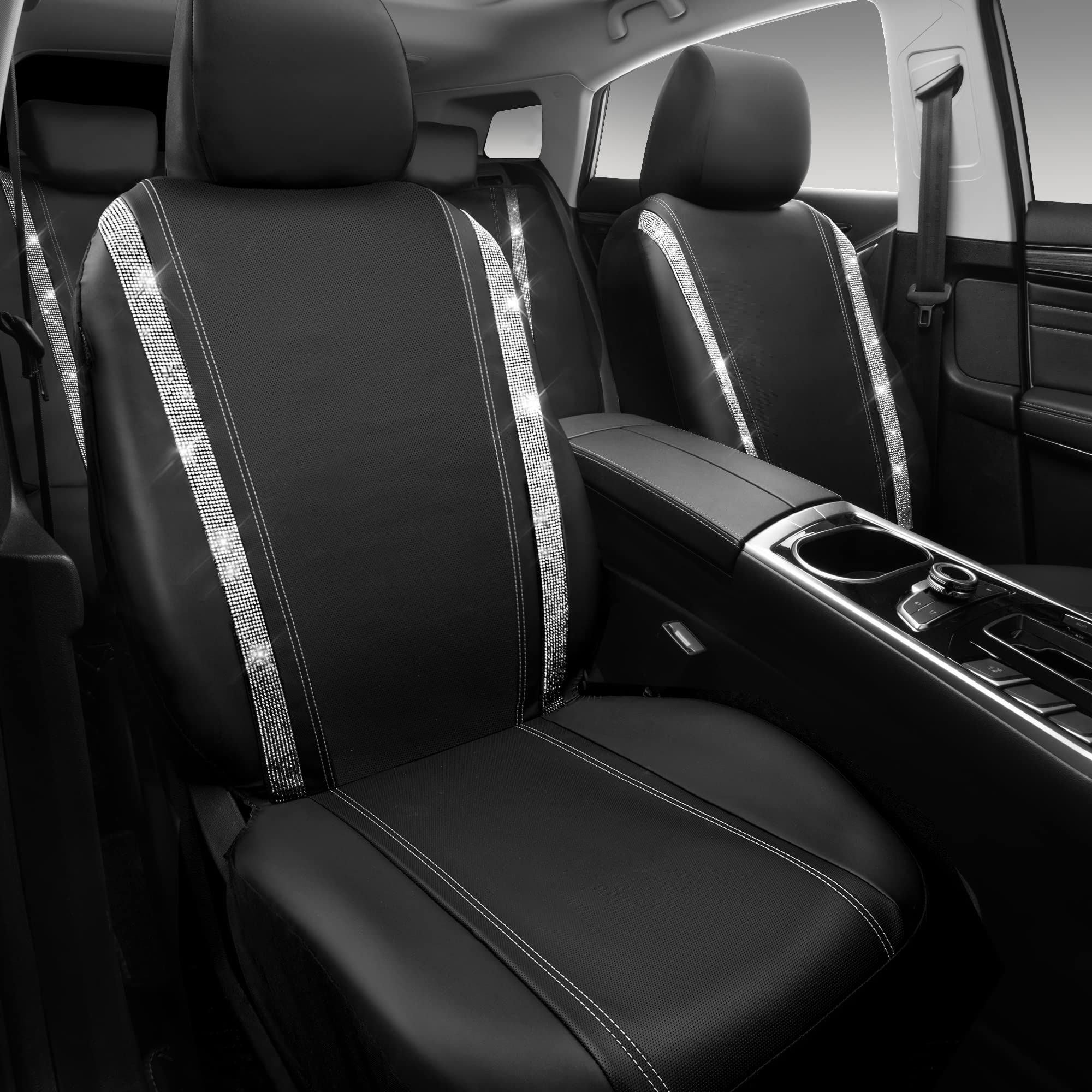 Car Pass Bling Car Seat Covers Full Set, Shining Rhinestone Diamond Waterproof Faux Leather, Rear With Zipper, Universal Fit Automotive Glitter Crystal Sparkle Strips For Cute Women Girl, Silver