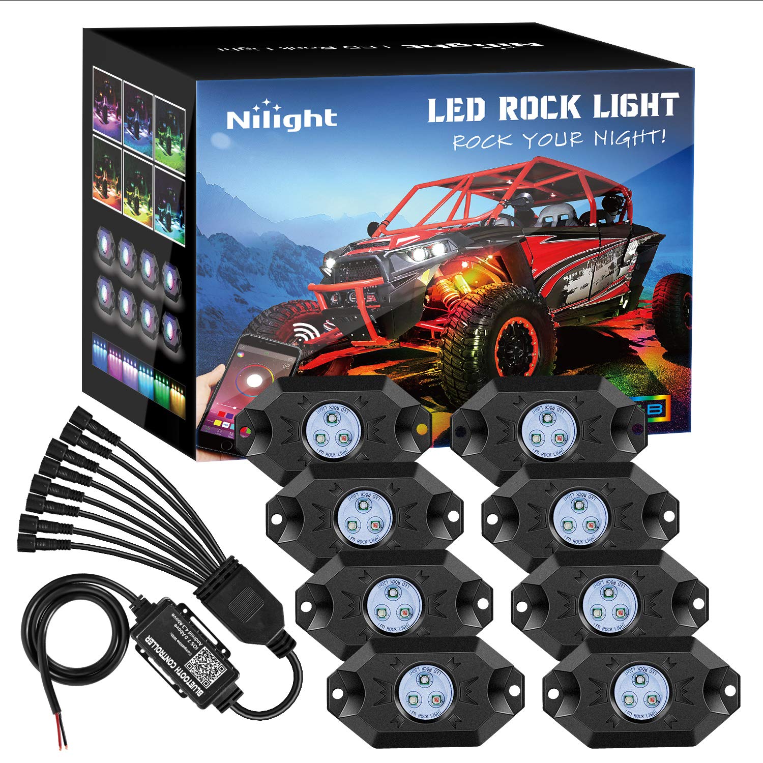 Nilight Rgb Led Rock Lights Kit 8 Pods Underglow Multicolor Neon Light Pod With Bluetooth App Control Timing Function Flashing M