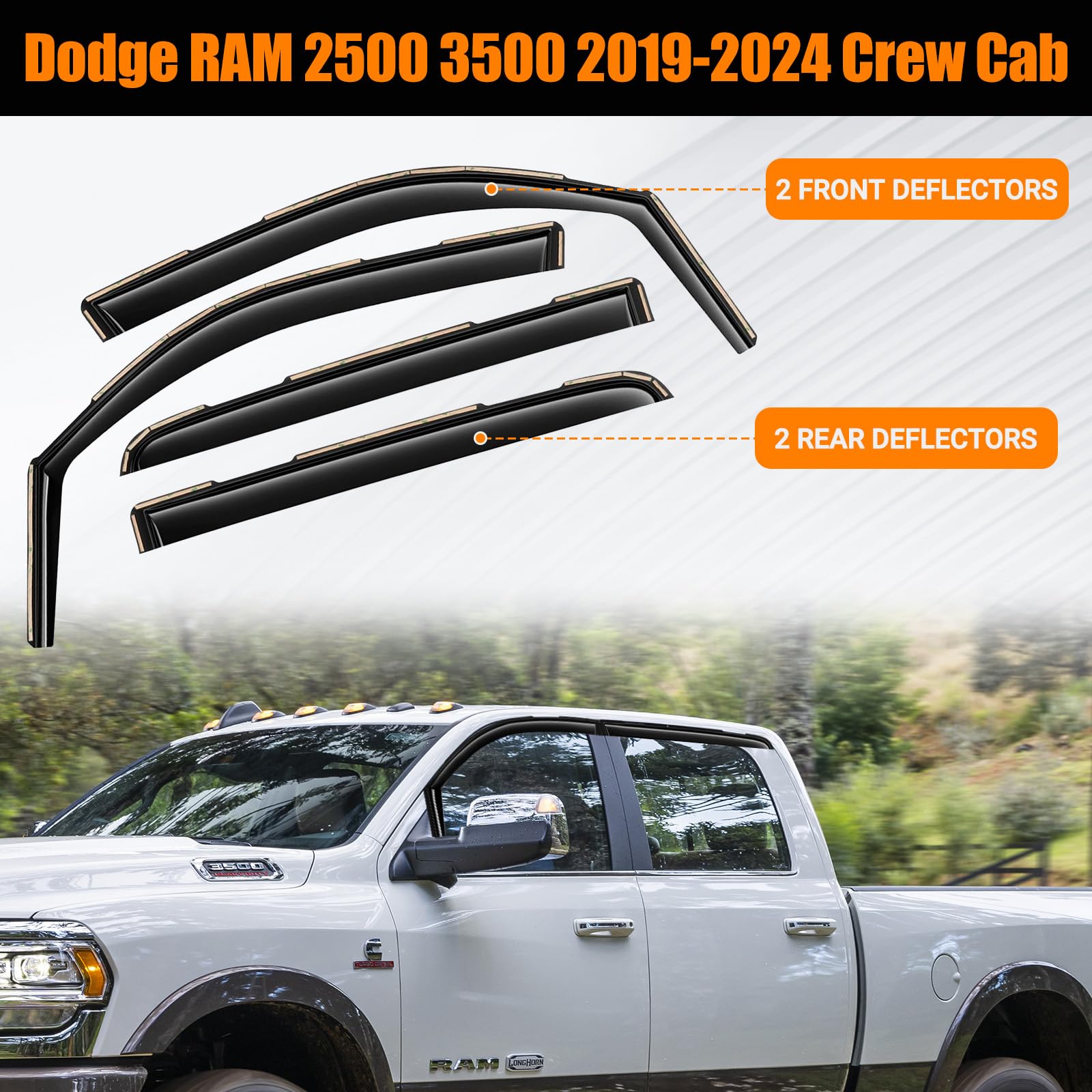 FormiPow Black Window Rain Guards for 2019-2024 Dodge RAM 2500/3500 Crew Cab, Easy No-Drill Installation, 4 Pcs