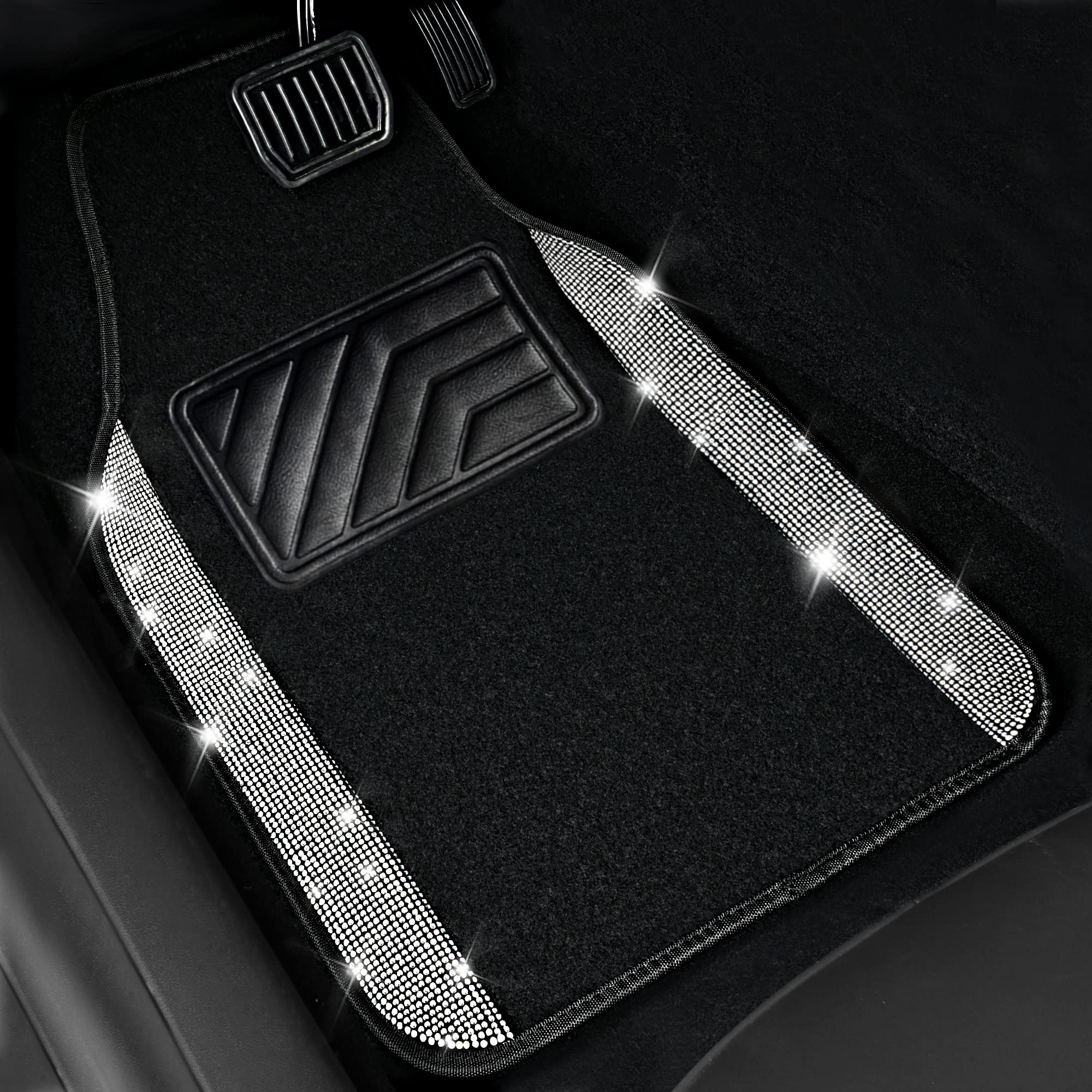 Car Pass® Bling Car Mats Shining Diamond Carpet Crystal Rhinestones Sparkly Glitter Floor Mats With Anti-Slip Pvc Heel Pad Universal For Automotive Suv, Sedan, Van, 3Pcs For Girl Women, Black Silver