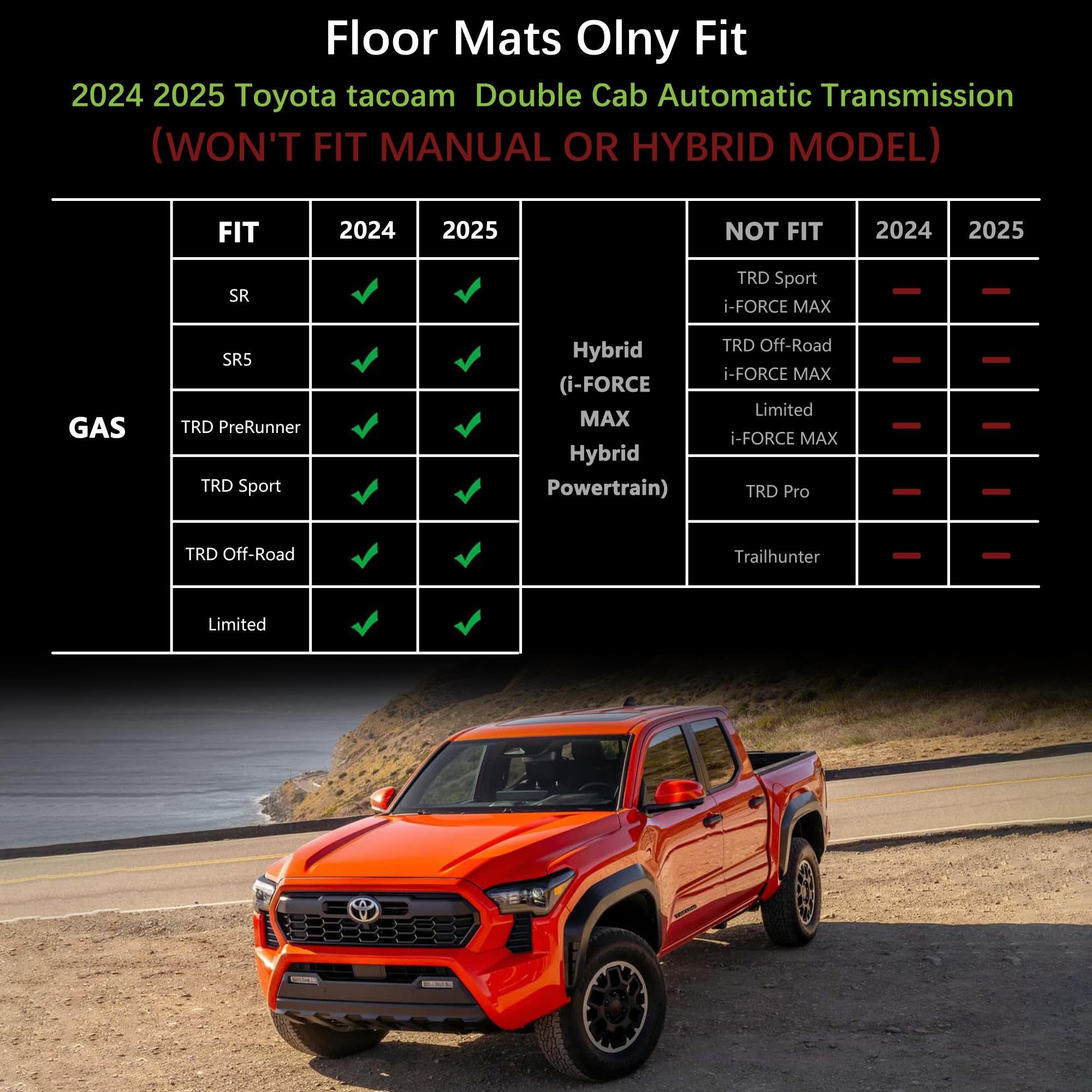 Karpal Floor Mats Fit For Toyota Tacoma 2024 2025 Double Cab (Not Fit Hybrid), Tpe All Weather Custom Fit Tacoma Trd/Sr/Sr5/Limi