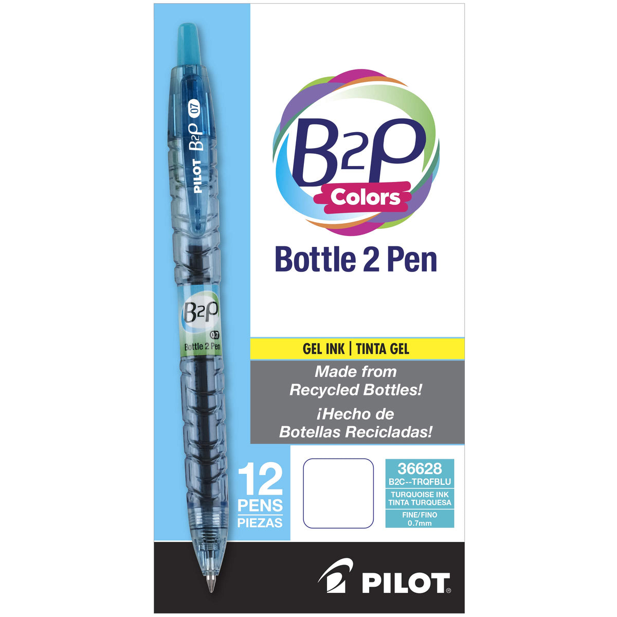PILOT B2P Colors - Bottle to Pen Refillable & Retractable Rolling Ball Gel Pen Made From Recycled Bottles, Fine Point, Turquoise