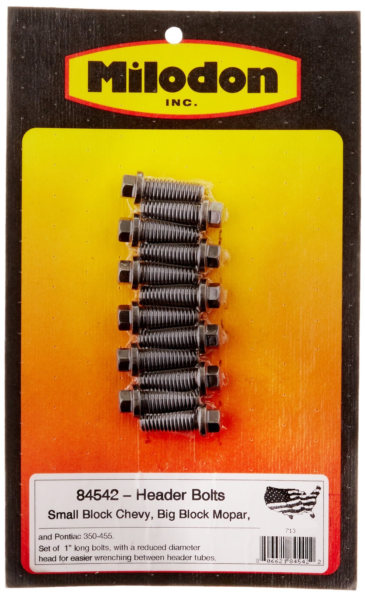 Milodon 84542 3/8'' x 1'' Header Bolt for Small Block Chevy, Big Block Chrysler and Pontiac, (Set of 12), Black