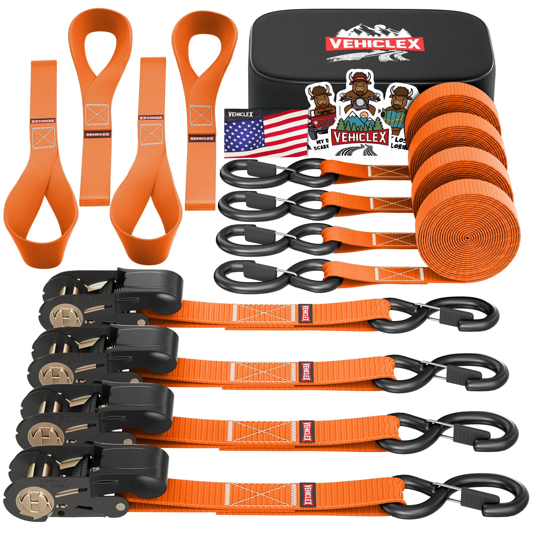 Ratchet Tie-Down Straps Set - (1' X 15', 2200Lbs Breaking Strength) - Vehiclex Soft Loops, Coated S-Hooks, Storage Bag For Atv, Motorcycle, Bicycle, Kayak, Cargo Securing, Orange