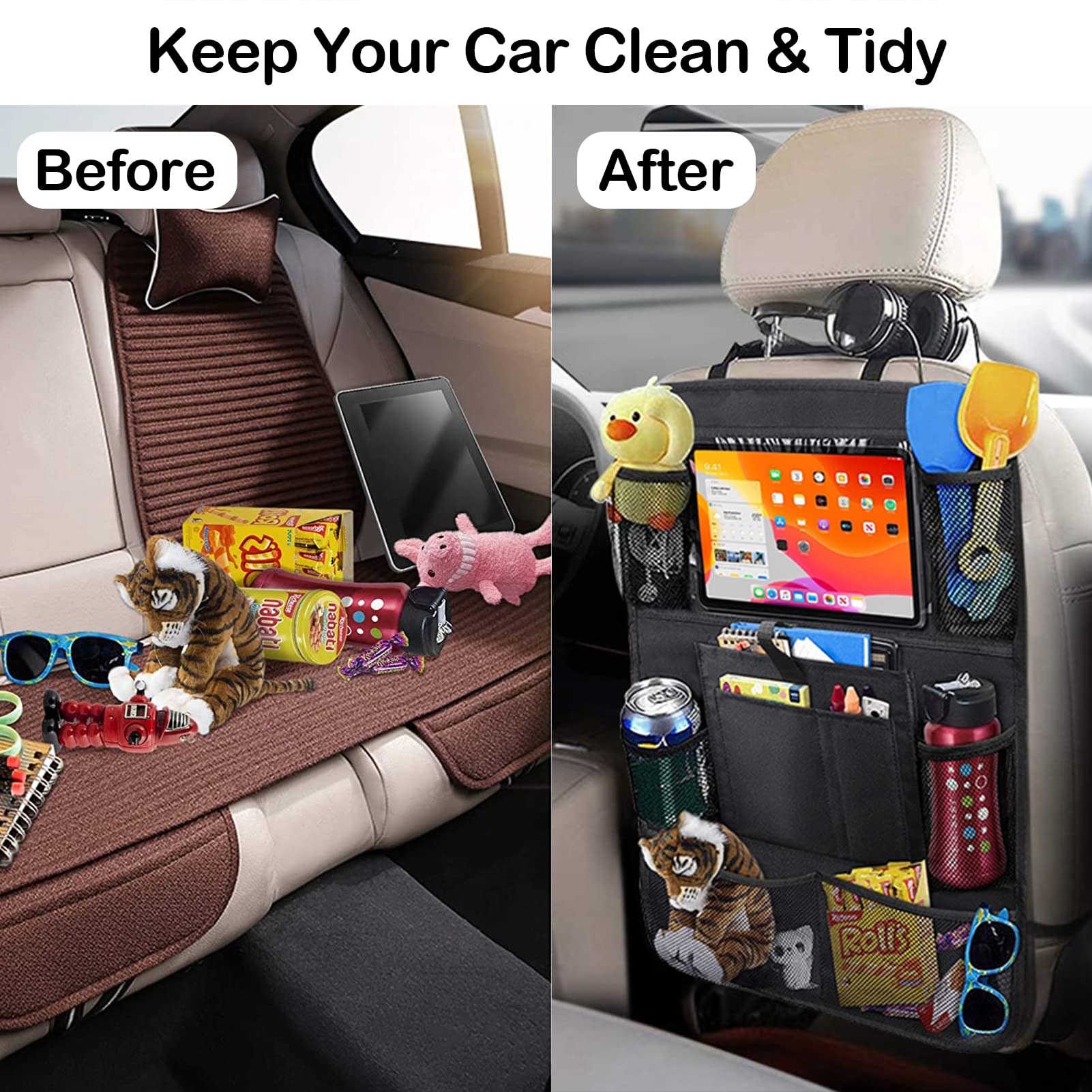 JUCAINHI Car Storage Organizer 2 PCS,Car Backseat Organizer for Kids Durable Waterproof Oxford Fabric with Touchable Tablet Hold