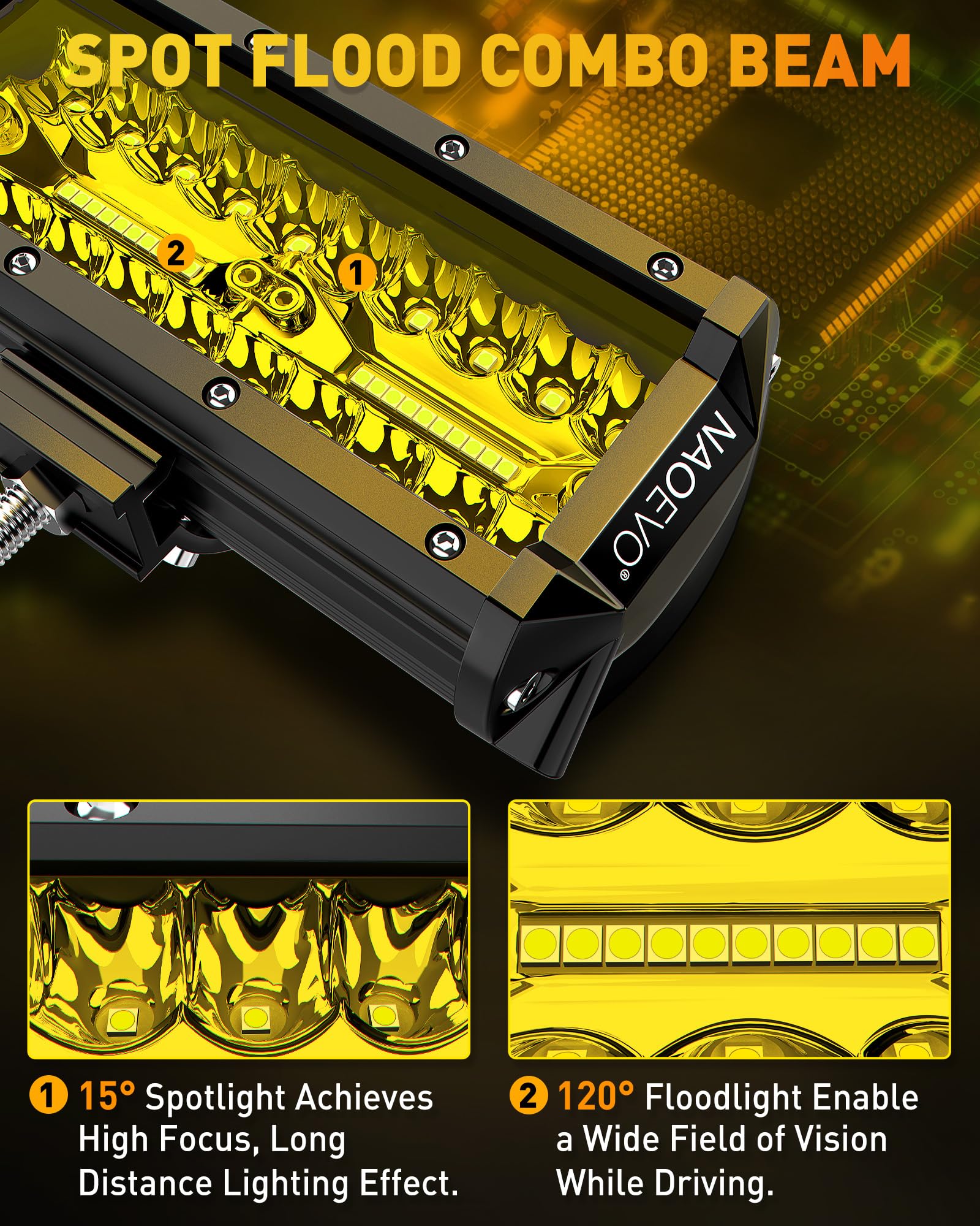 NAOEVO 7 Inch Yellow LED Light Bar, 240W 24,000LM Offroad Pods, Aluminum, 2-Pack