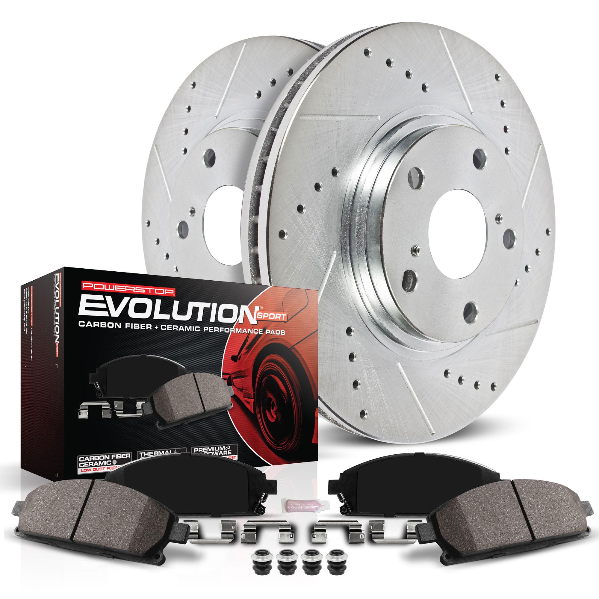 Power Stop K1301 Front Z23 Carbon Fiber Brake Pads with Drilled & Slotted Brake Rotors Kit For Ford Mustang 1999-2004 [Model Spe