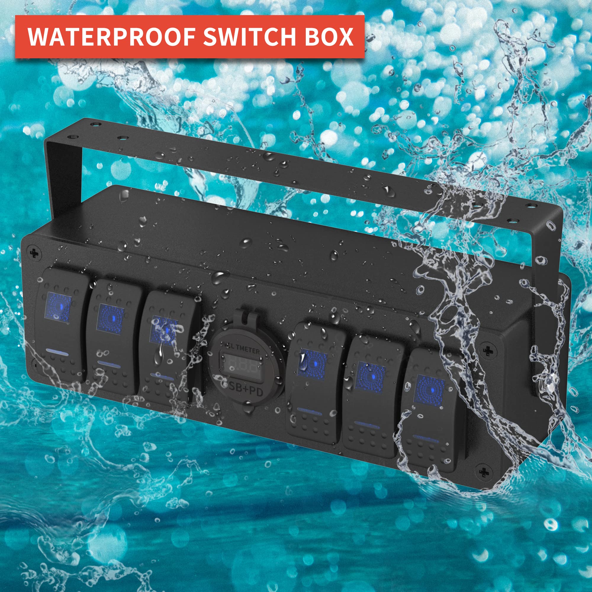 Joinfworld 6 Gang Rocker Switch Box Waterproof 12V SPST ON/Off lED Light Bar Switch Panel with Dual USB Outlet PD3.0 & QC3.0 Car