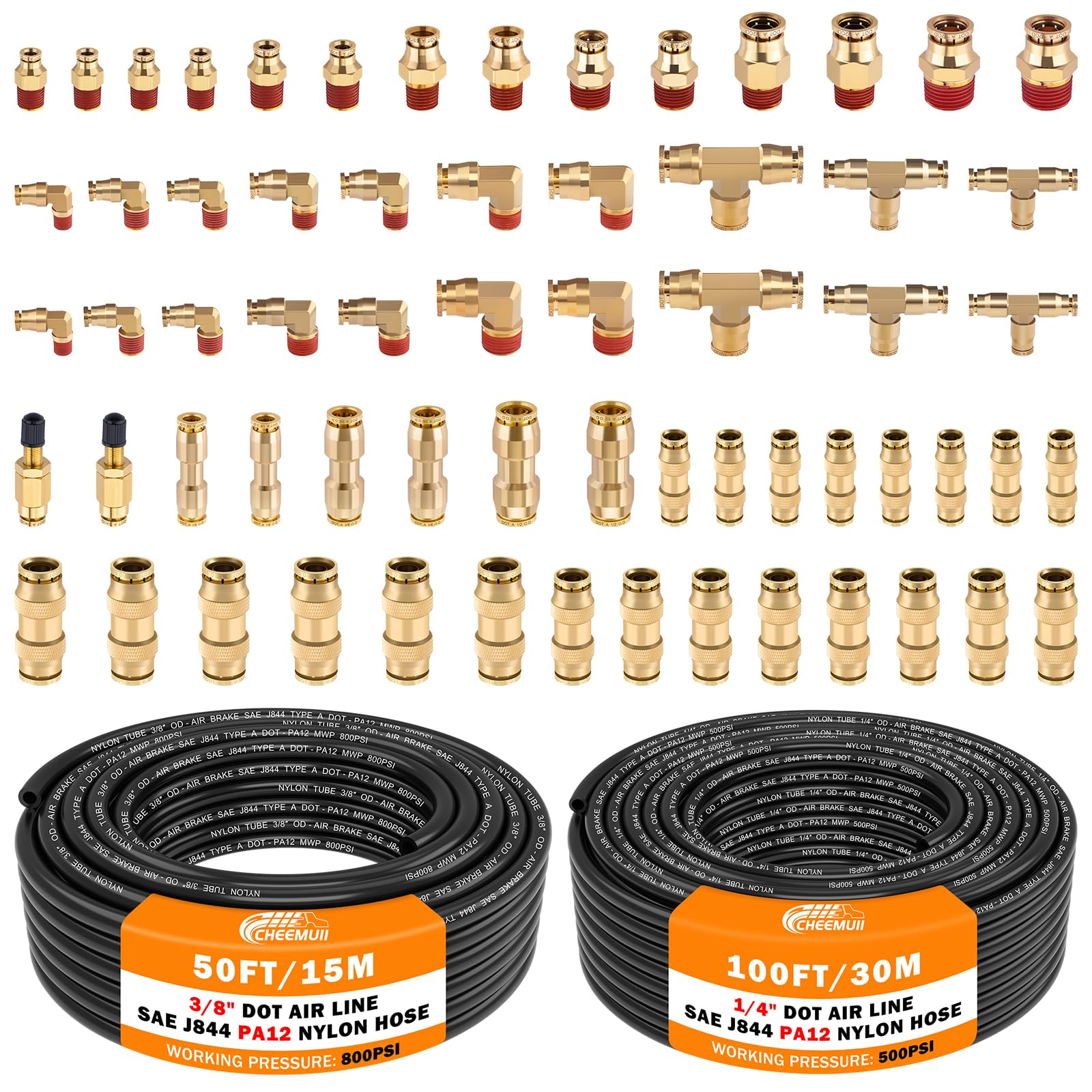 Cheemuii 64 Pcs Brass Dot Air Line Fittings With 100Ft 1/4 '' And 50Ft 3/8 '' Dot Air Line Kit Push Lock Quick Connect & Npt Thr