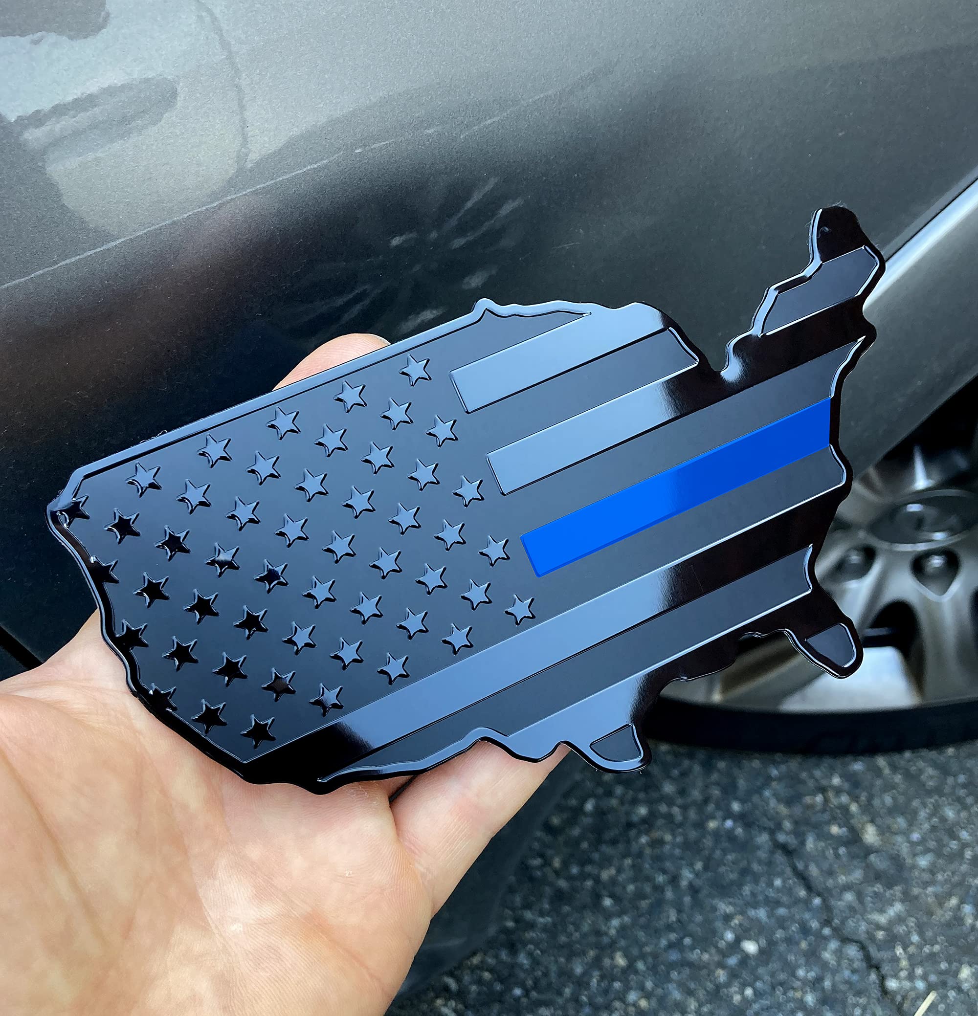 Mull Usa Black Flag Map Auto Fender Emblem For Cars Trucks Laptop Wall (Black With Thin Blue Line, 7"X4")