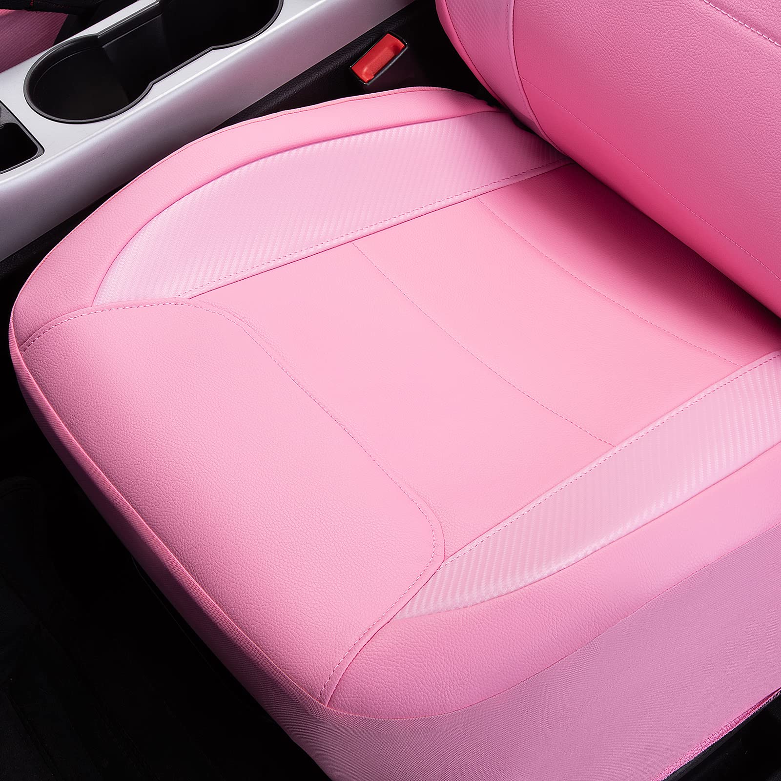 Flying Banner Car Seat Covers Protects Water Proof Faux Leather Carbon Fiber Fronts Rear Bench Covers (Pink Pink, Full Set - 8Pc