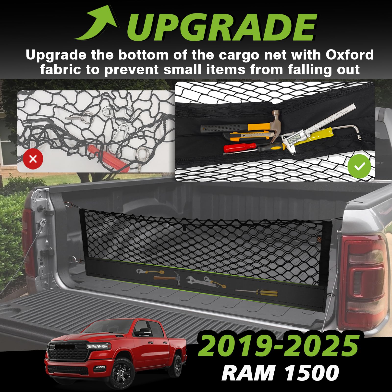 Muslogy Truck Bed Cargo Net Compatible With Dodge Ram 1500 2019-2025 Accessories Storage Organizer Pickup Truck Bed Envelope Sty