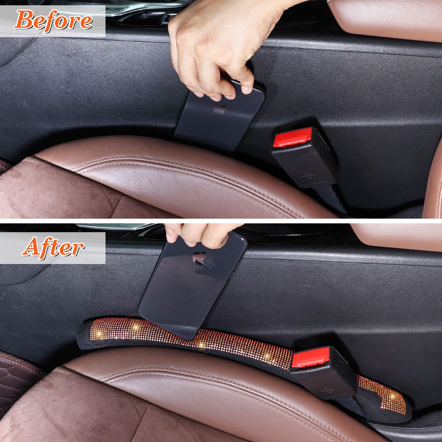 Tobequeen Orange Seat Gap Filler, Handmade Crystal Diamond Rhinestone Orange Bling Car Accessories For Women, Universal Fit For