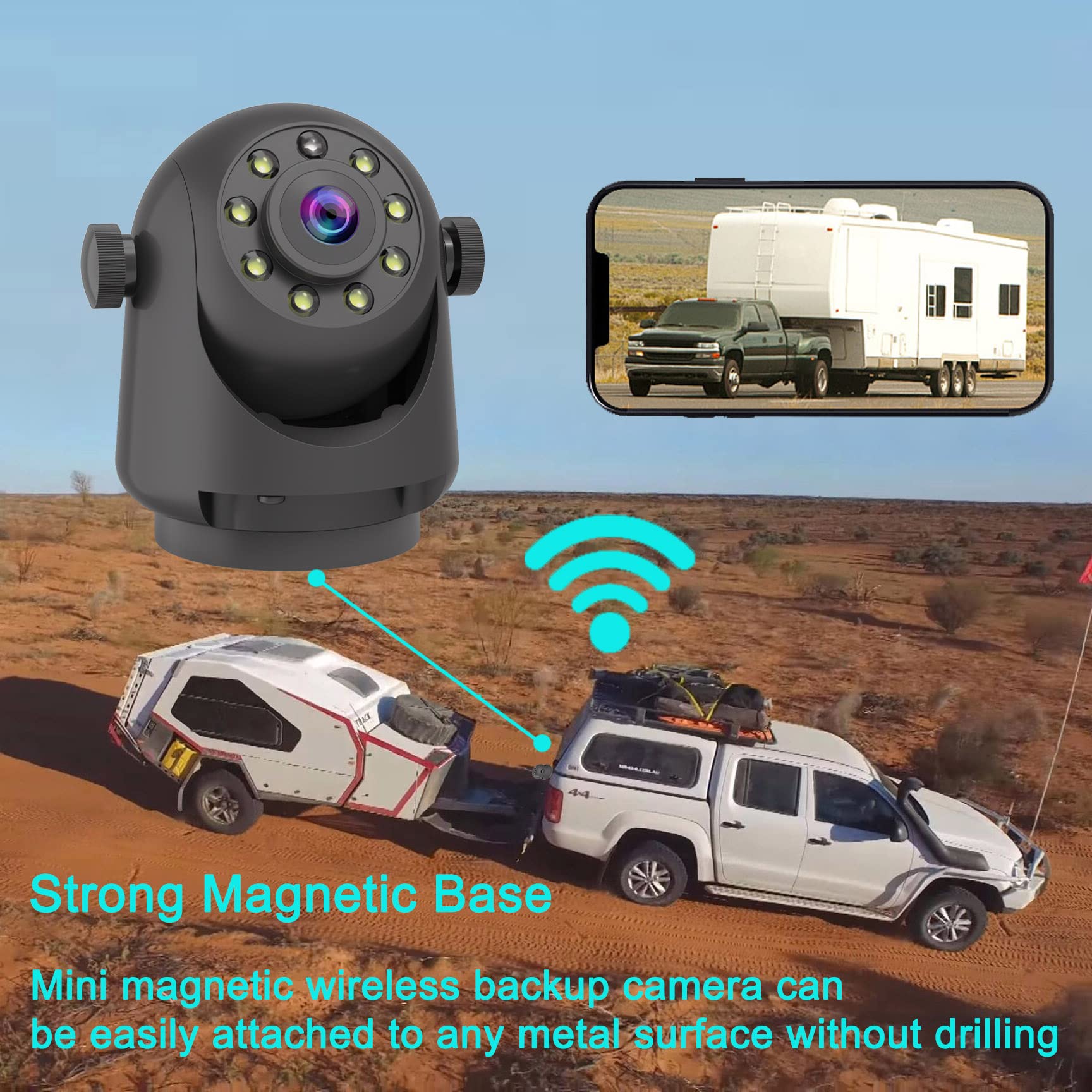 Yeoizo Wifi Magnetic Hitch Wireless Backup Camera, Back Up Front/Rear View Reverse Camera Night Vision Rechargeable Battery, Eas