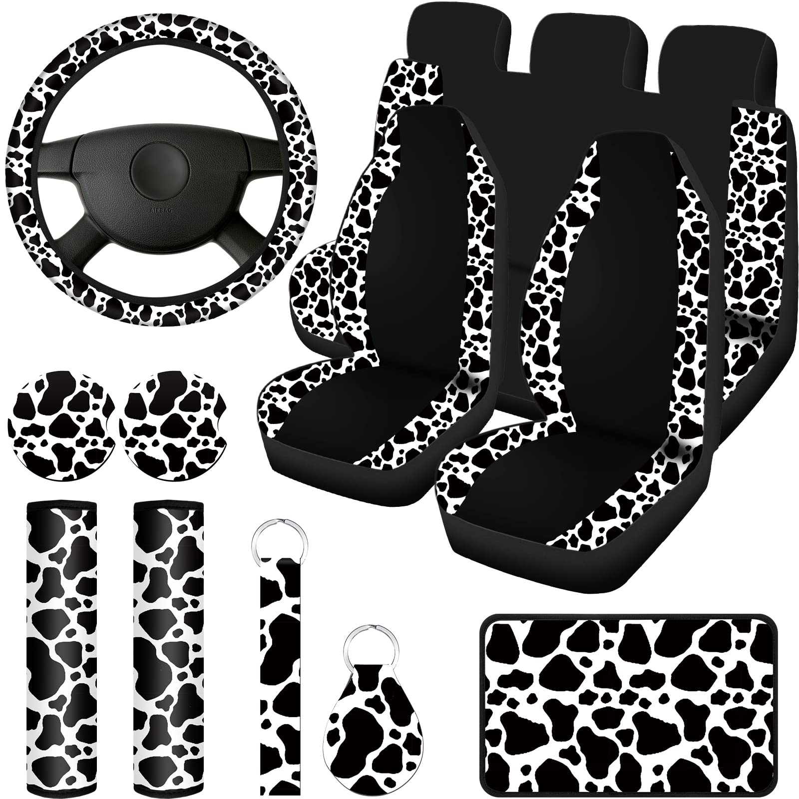 Cow Print Car Seat Covers Full Set For Women Men Cow Print Car Accessories Set Rubber Steering Wheel Cover Car Armrest Pad Cover
