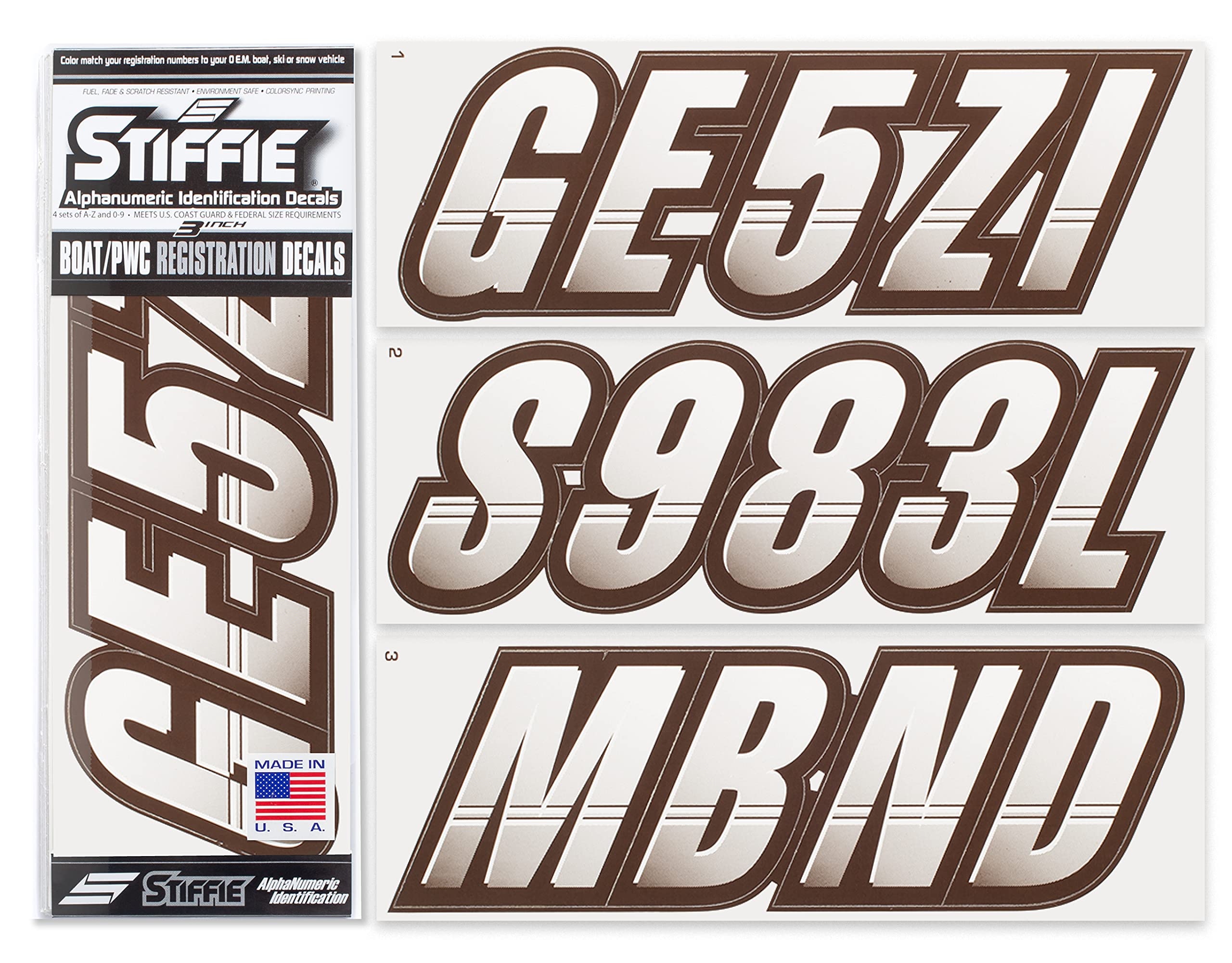 Stiffie Techtron White/Espresso Brown 3 '' Boat & Pwc Registration Decals  Numbers Letters Stickers