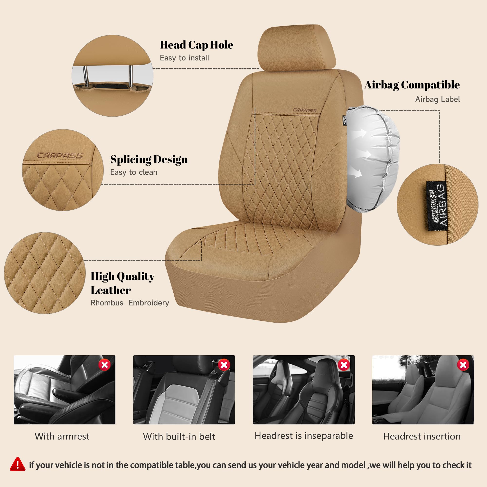 Car Pass Faux Leather Seat Covers Full Set, Quilting Waterproof Premium Automotive Seat Cover With 5Mm Composite Sponge Inside,A