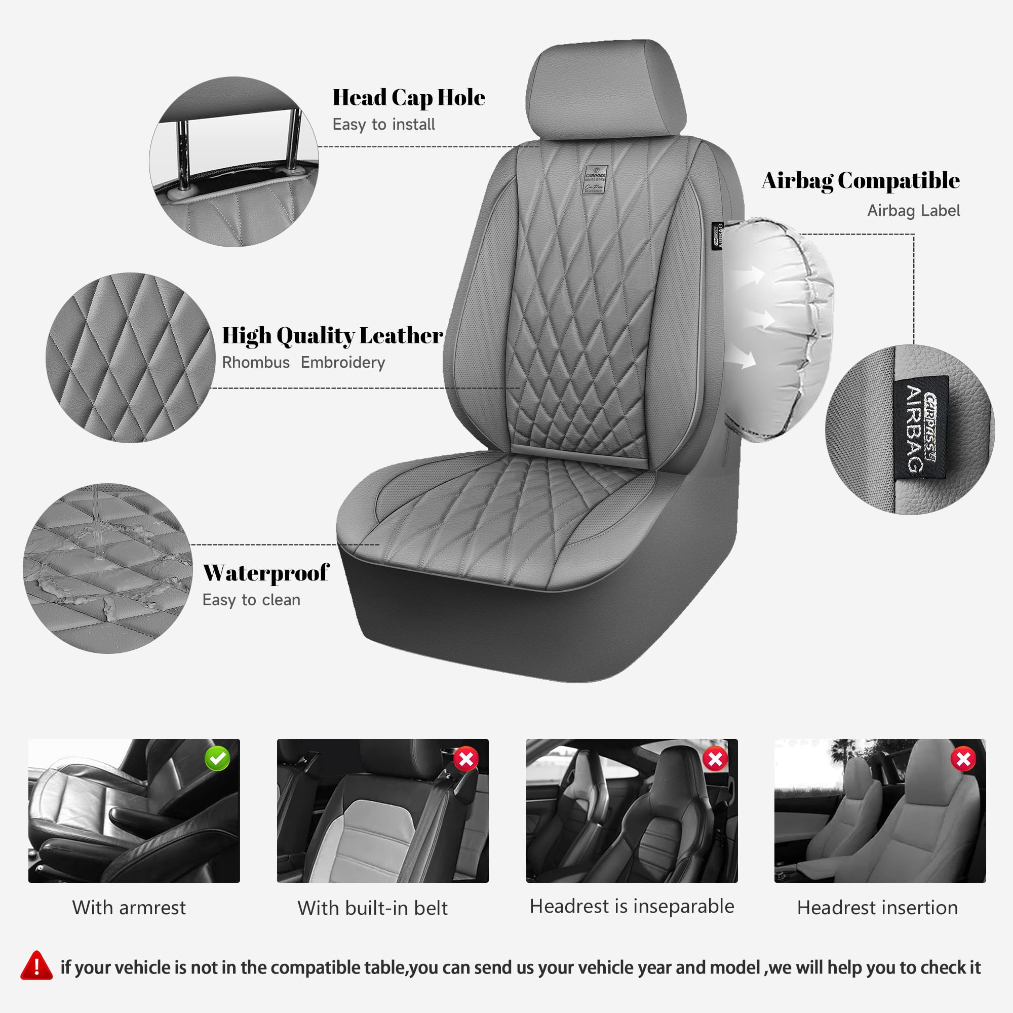 Car Pass Piping Luxury Pu Leather Two Front Car Seat Covers, Waterproof Anti Slip Seat Covers Compatible With Front Seat Armrest