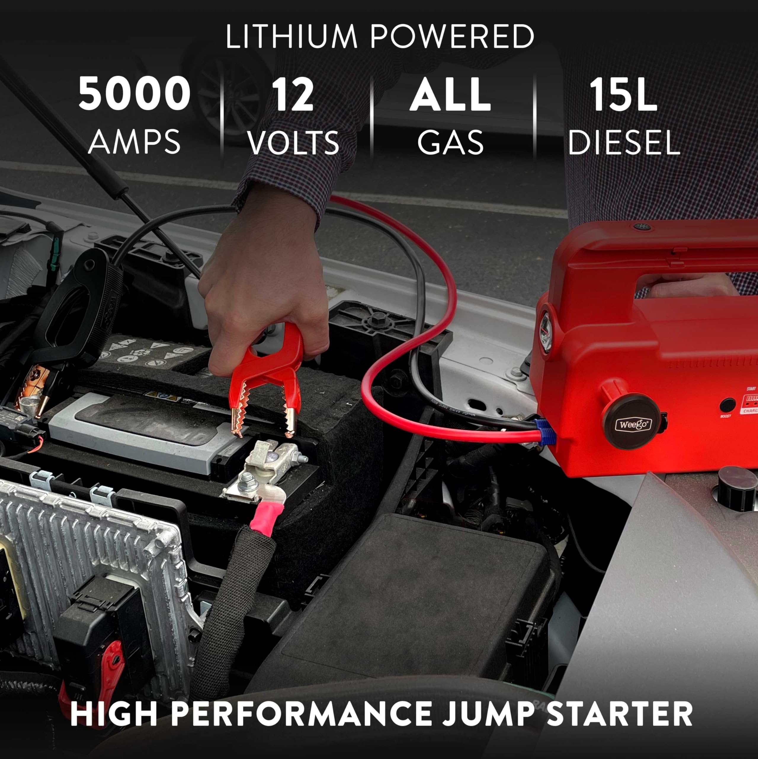 Weego 120 12-Volt Portable Lithium Jump Starter With Patented Smarty Clamps, 1200 Cranking / 5000 Peak Amps For All Gasoline And Up To 15-Liter Diesel Engines (C120)