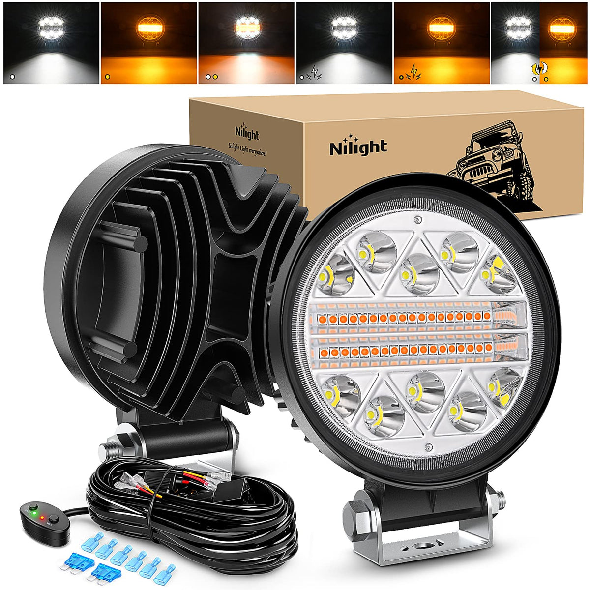 Nilight 2Pcs 4.5 Inch 27W Led Light Bar Amber White Strobe 6 Modes Memory Function Off-Road Truck Car Atv Suv Cabin Boat With 16