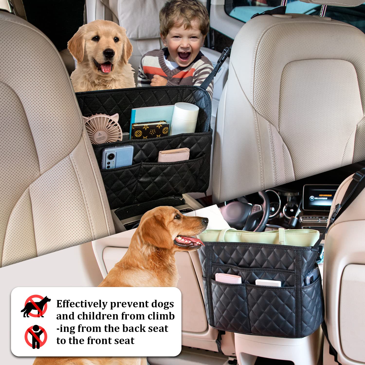 Seametal Car Purse Holder Between Seats,Car Handbag Holder For Front Seat,Between Seat Purse Holder Pu Leather (8 Pockets)