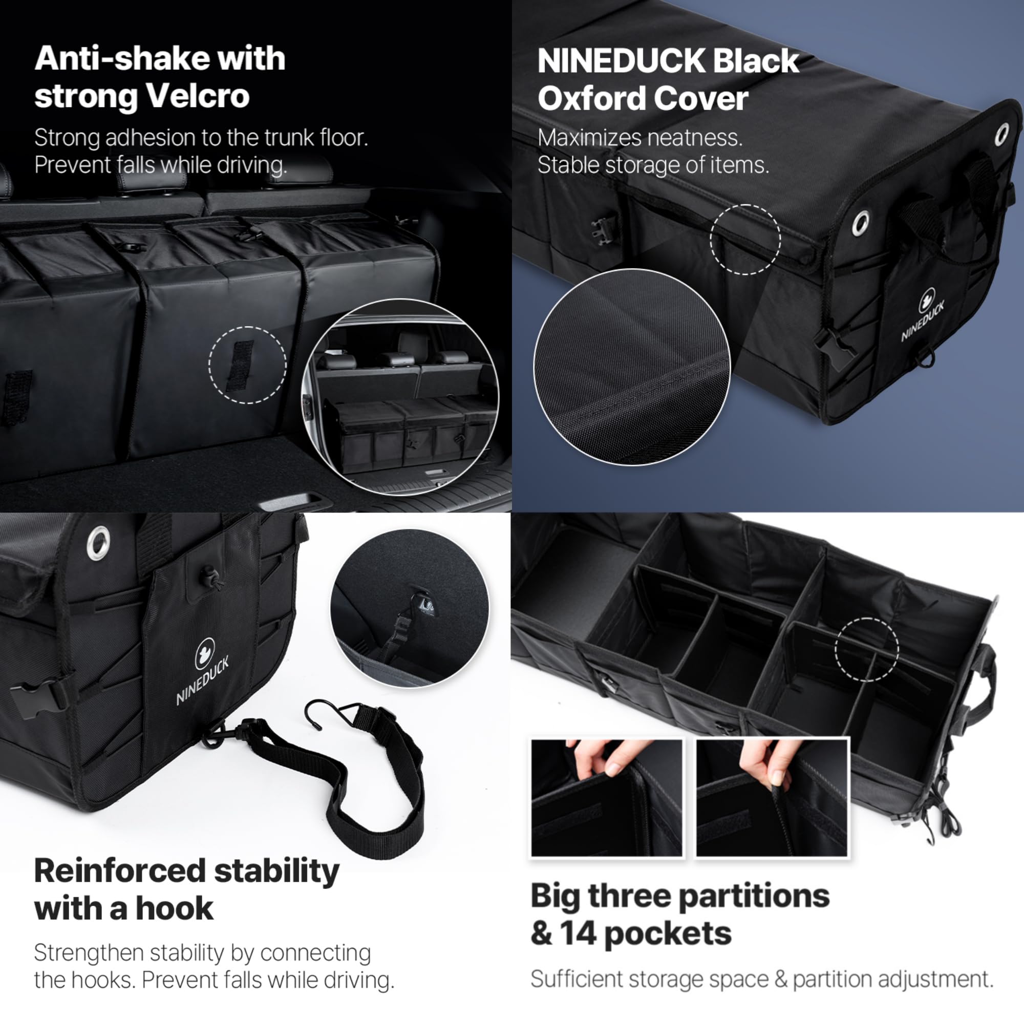 Nineduck Car Trunk Organizer With Lid - Black Premium Oxford And Cargo Storage Adjustable For Auto, Sedan, Suv, Van, Truck (Extralarge, Collapsible), Straps