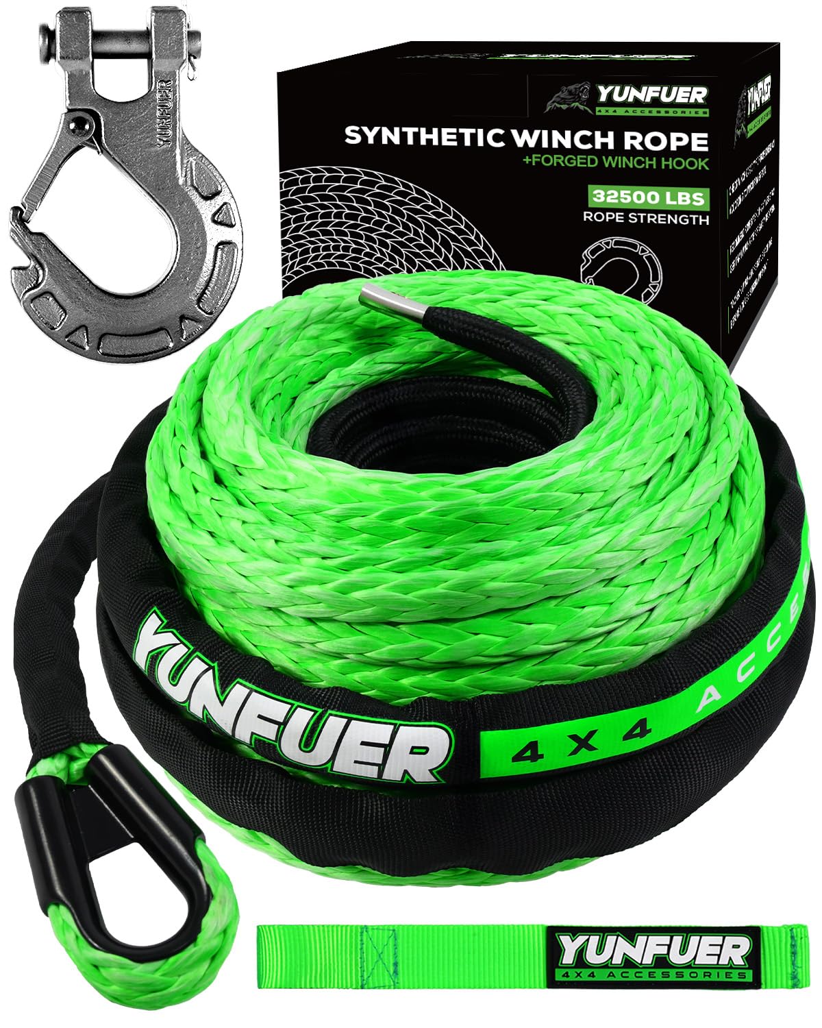 Synthetic Winch Rope with Hook, 1/2 x 85ft 32500LBS Winch Rope with Protective Sleeve, Forged Winch Hook and Safety Pull Strap f