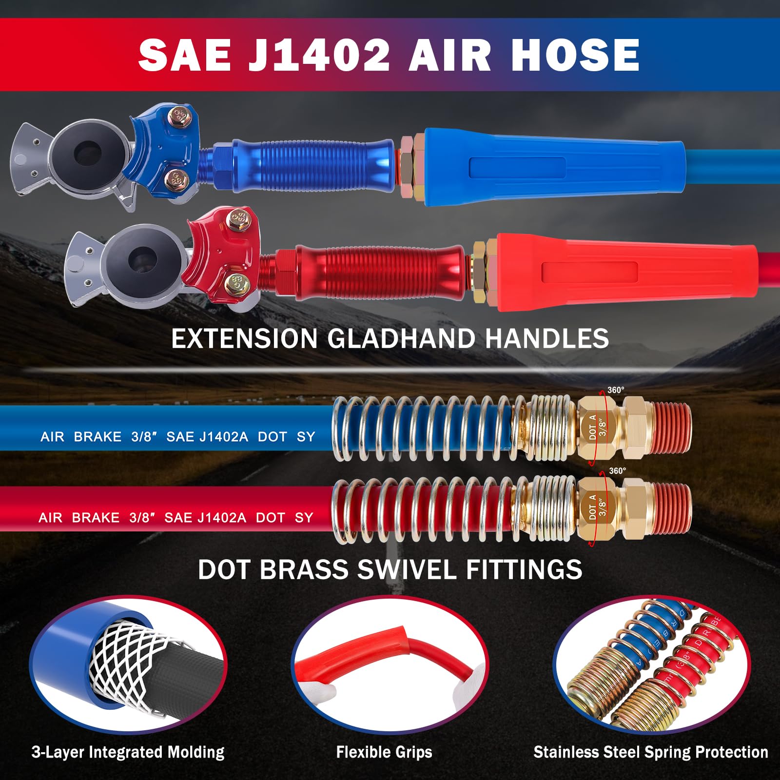 Cheemuii 12 Ft Semi Truck Air Lines Kit With 2Pcs 16'' Single Tender Spring Kit Gladhands With Gladhand Holder And Handles 3In1