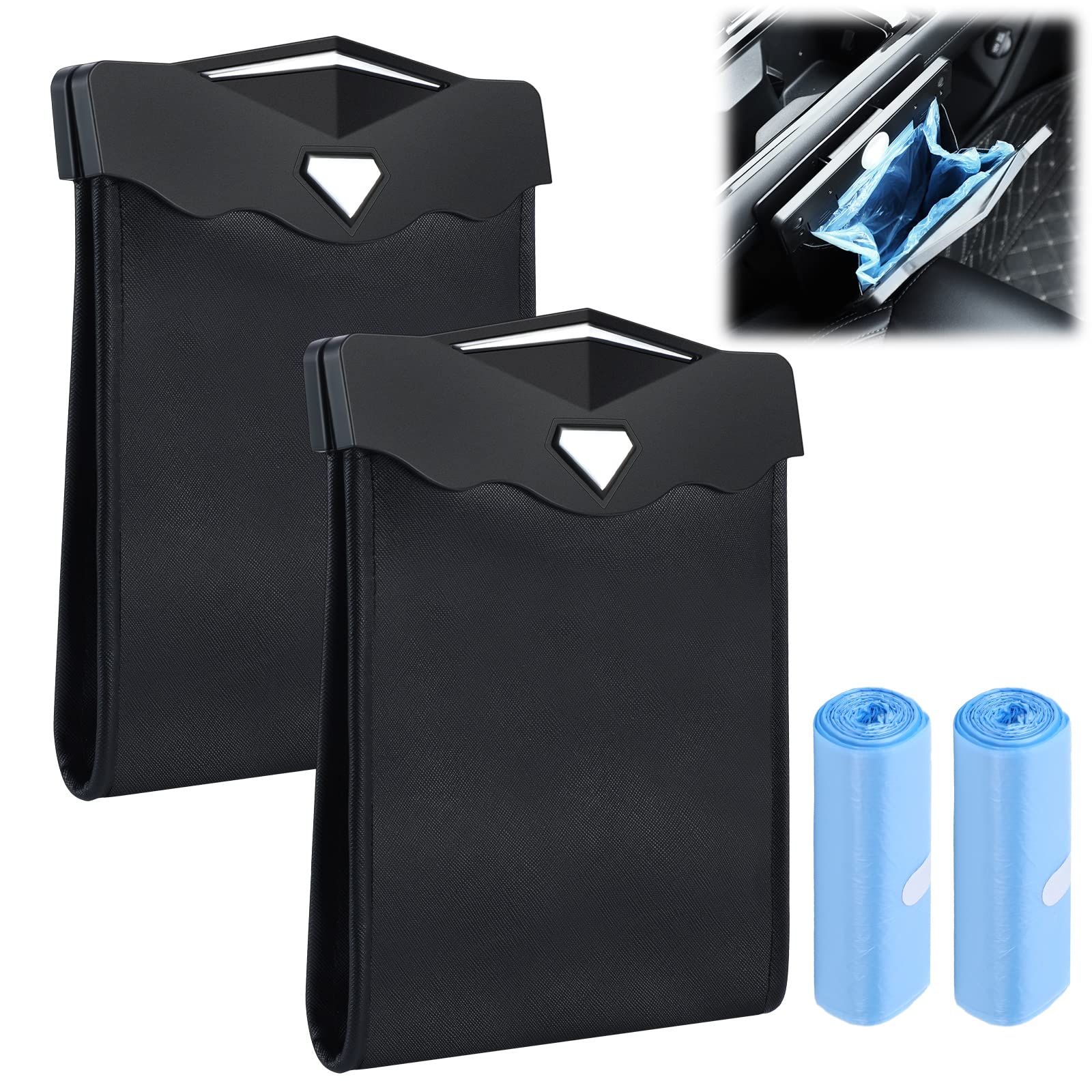 Fuutreo 2 Pcs Smart LED Car Trash Cans Waterproof Garbage Bags with 30pcs Disposable Trash Bags Hanging Leather Magnet Car Stora