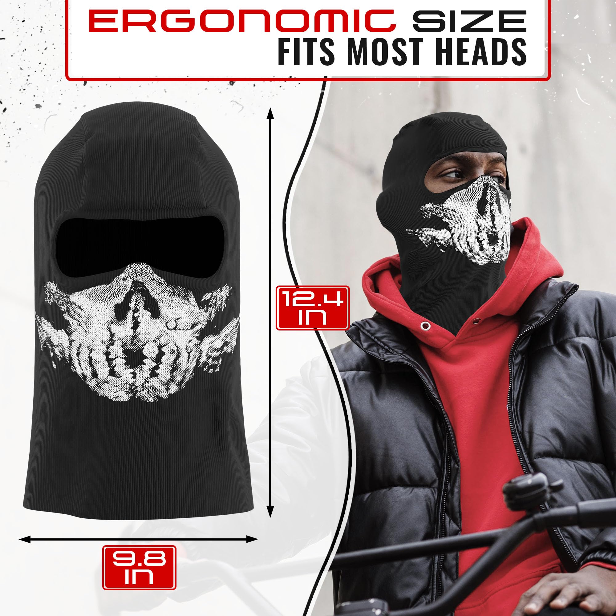 Balaclava Ghost Mask - Breathable & Stretchy Skull Face Mask With Wind Protection - Under Helmet Wearing Skull Balaclava With Sc