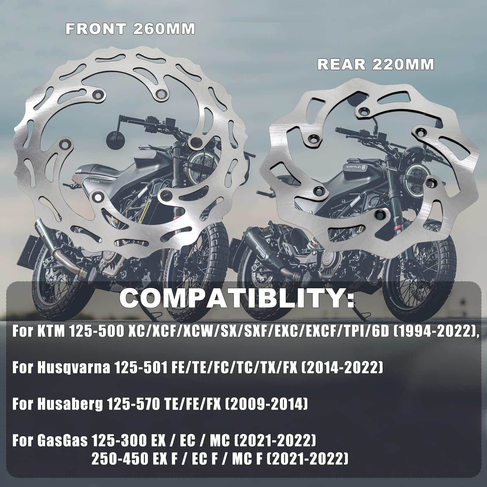 Coimoviol 260MM 220MM Front Rear Brake Disc Rotor 2PCS Compatible with KTM 125 250 350 450 500 1994-2022, Husqvarna 125-501 FE/T