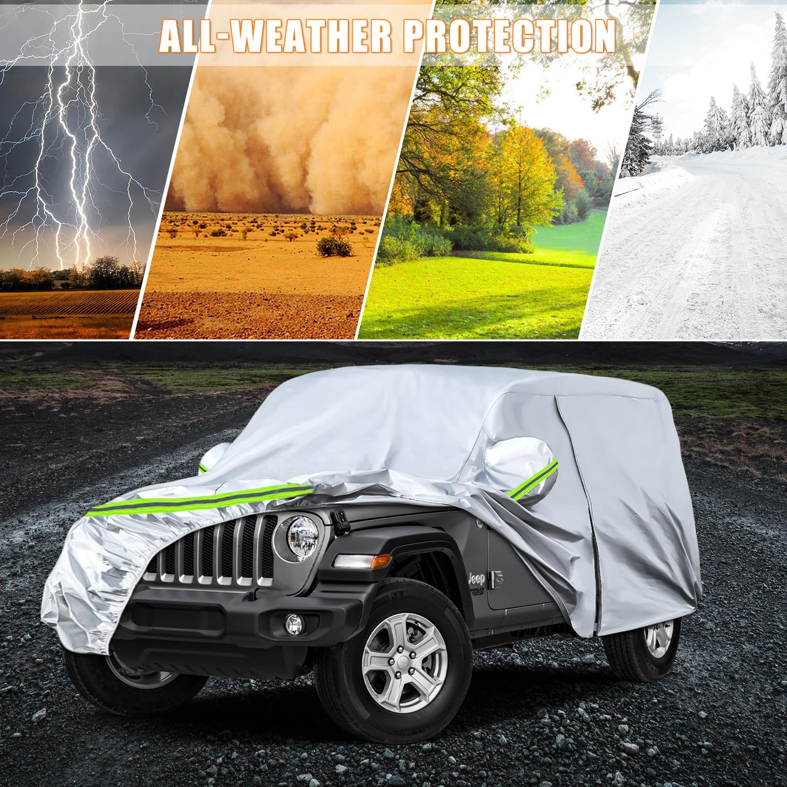 Waterproof Car Covers Replace For 2007-2025 Jeep Wrangler 4 Doors, 6 Layers Silver All Weather Car Cover With Zipper Door & Wind