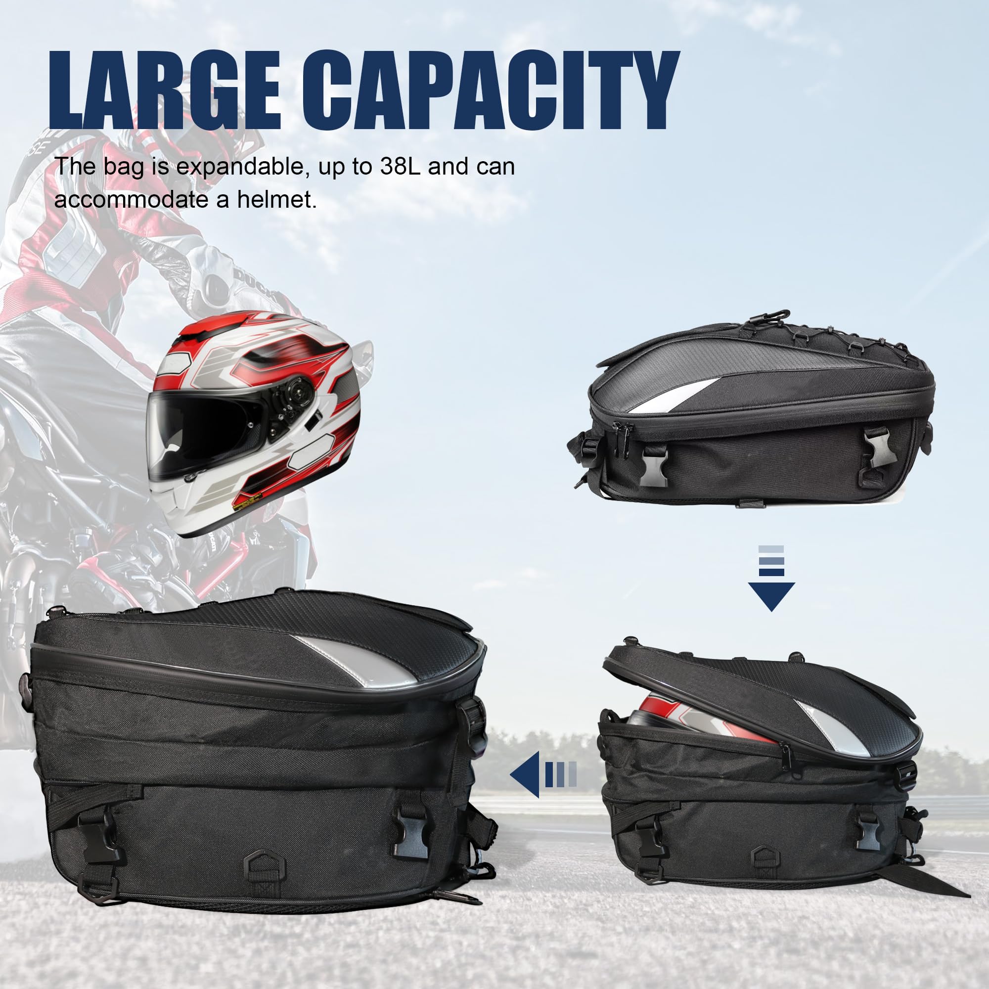 E-Riding Waterproof Motorcycle Tail Bag, 25L-38L Large Capacity Motorbike Helmet Bag, Motorcycle Backpack, Dual Use Luggages Bag