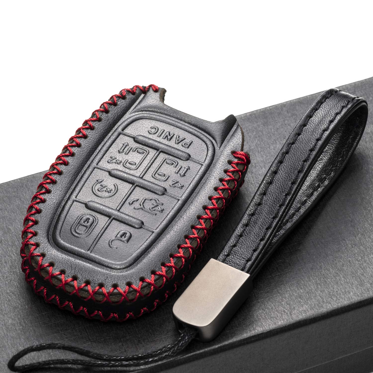Vitodeco Genuine Leather Smart Key Fob Case Cover Protector with Leather Key Clap Compatible for Chrysler Pacifica 2017 - 2024 (7-Button, Black/Red)