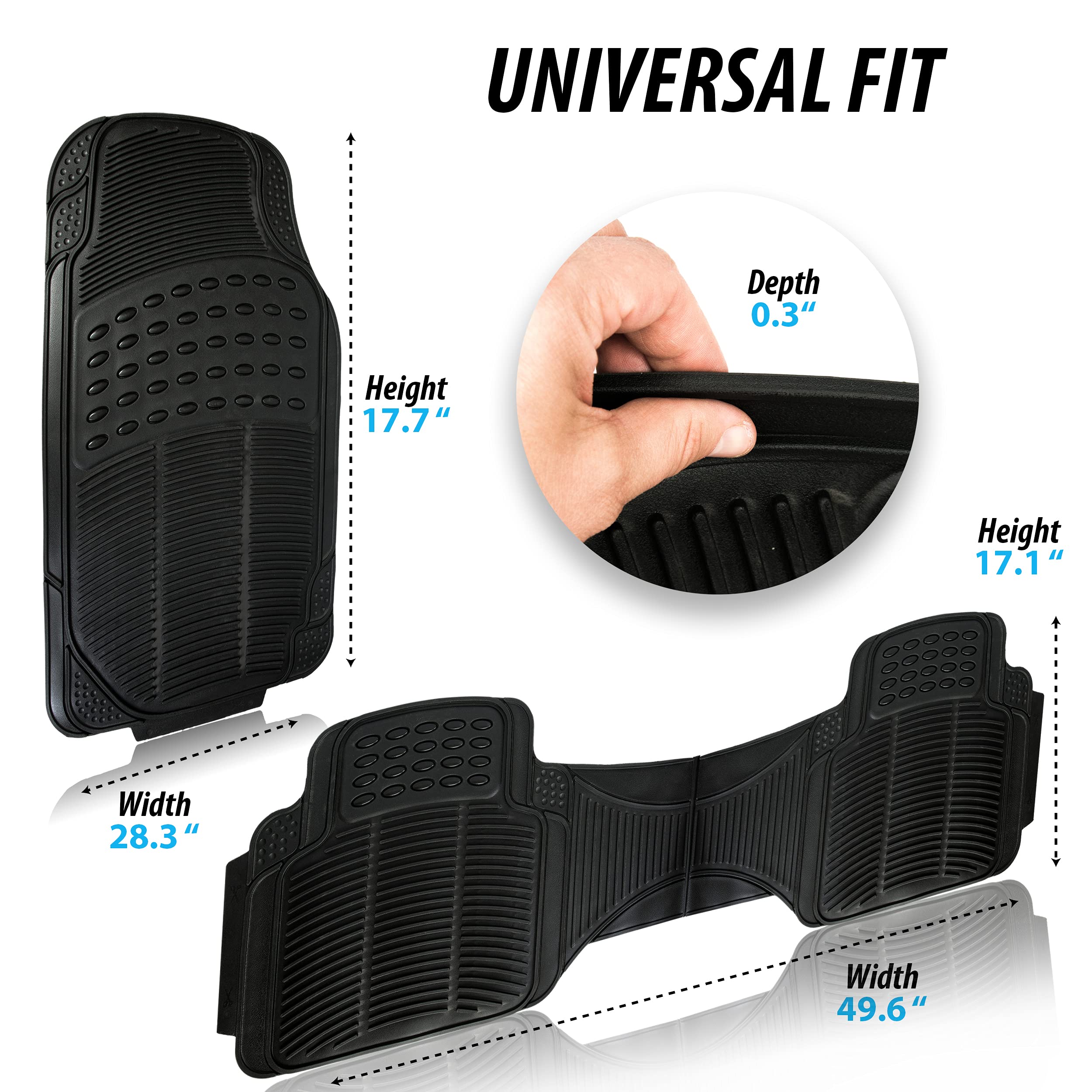 Zonetech All Weather Rubber Car Interior Floor Mats 3-Piece Trimmable Waterproof Odorless Black Heavy Duty Universal Fit